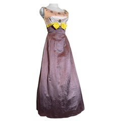1960s Pink & Aubergine Silk Satin Gown w Beaded Structured Bust & Yellow Accent