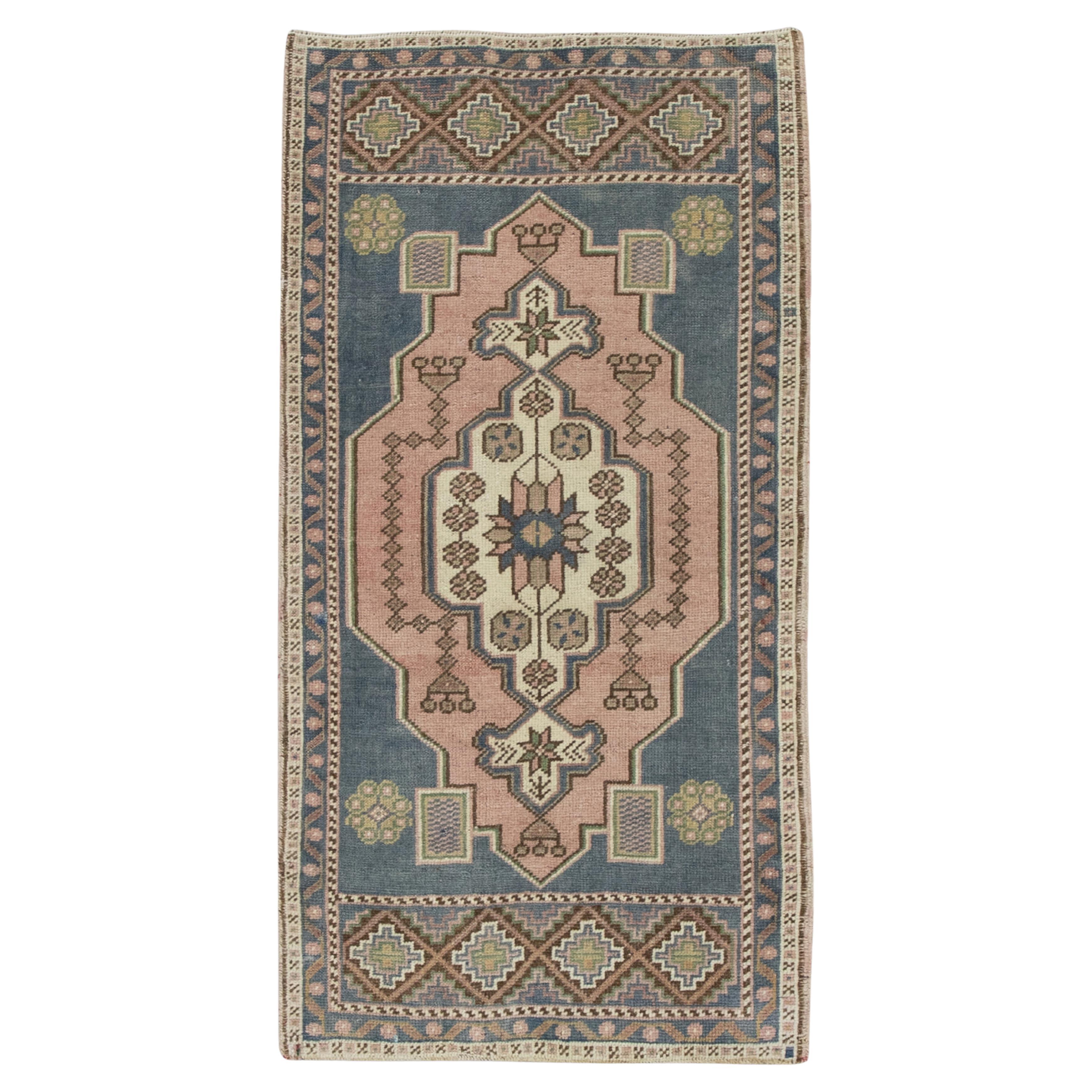 1960s Pink and Blue Vintage Turkish Rug 4'9" x 6'9" For Sale at 1stDibs
