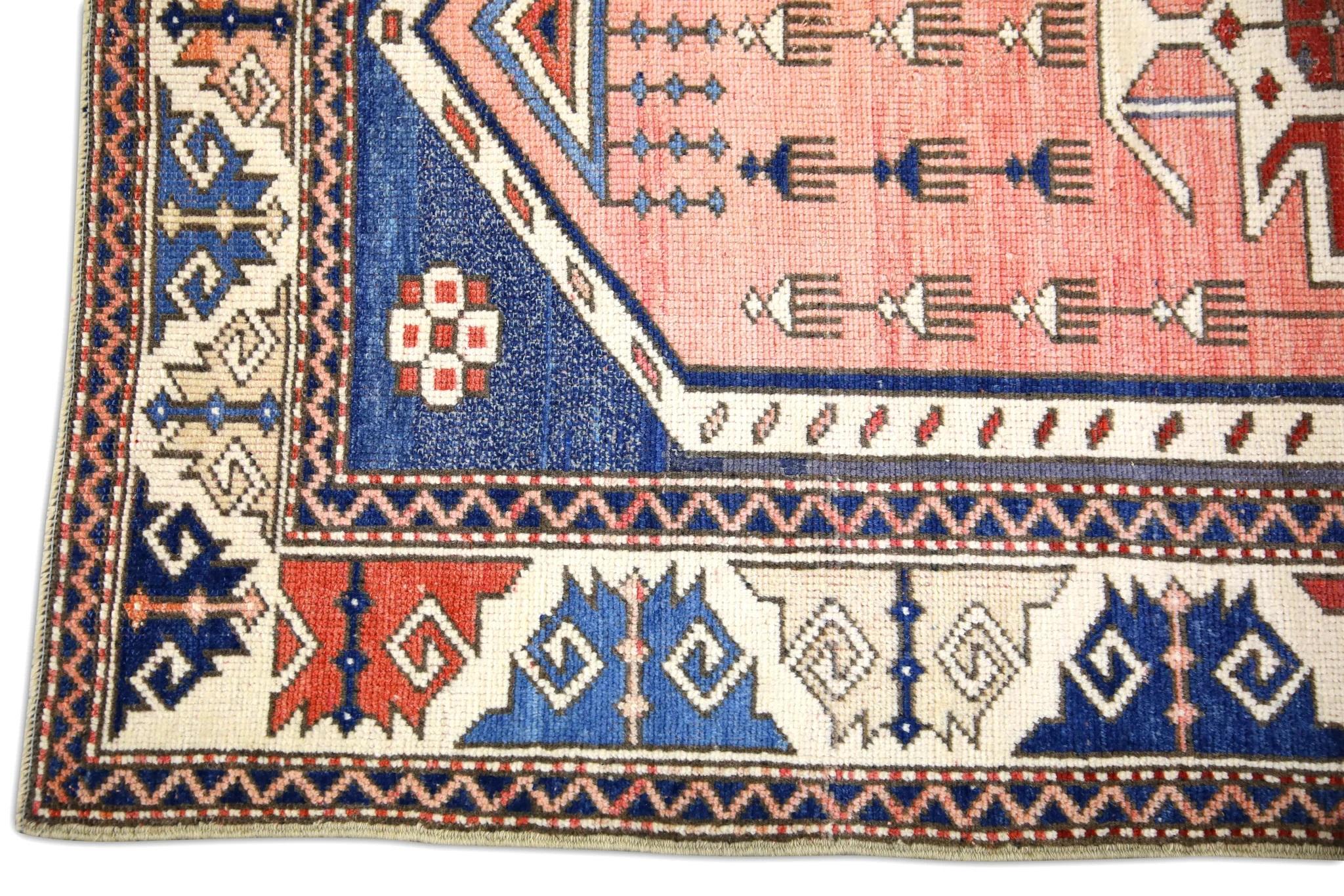 Tribal 1960s Pink & Blue Vintage Turkish Rug 3'4