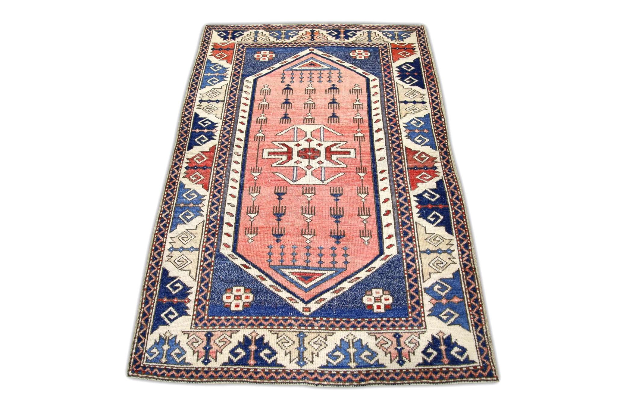 1960s Pink & Blue Vintage Turkish Rug 3'4