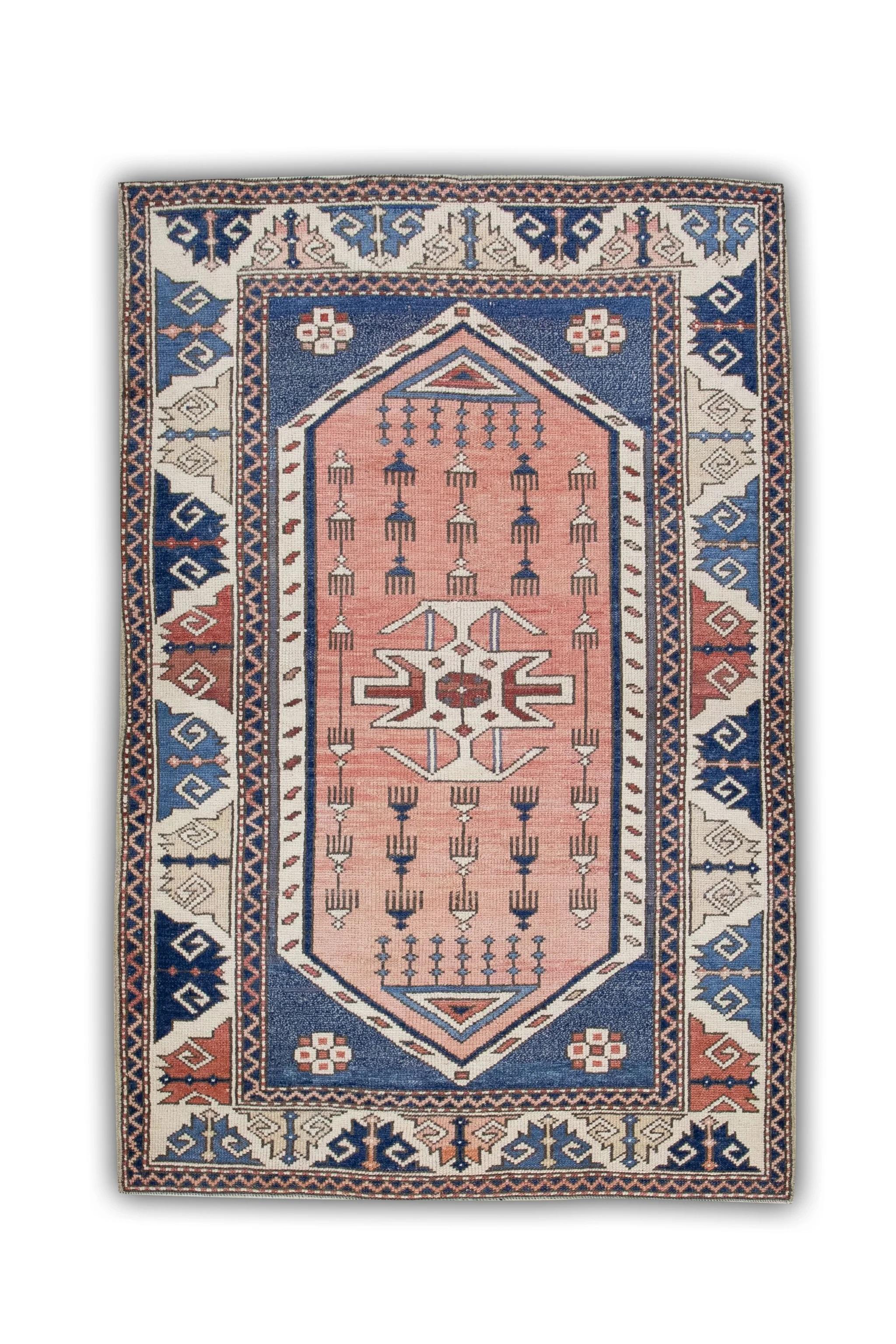 Mid-20th Century 1960s Pink & Blue Vintage Turkish Rug 3'4