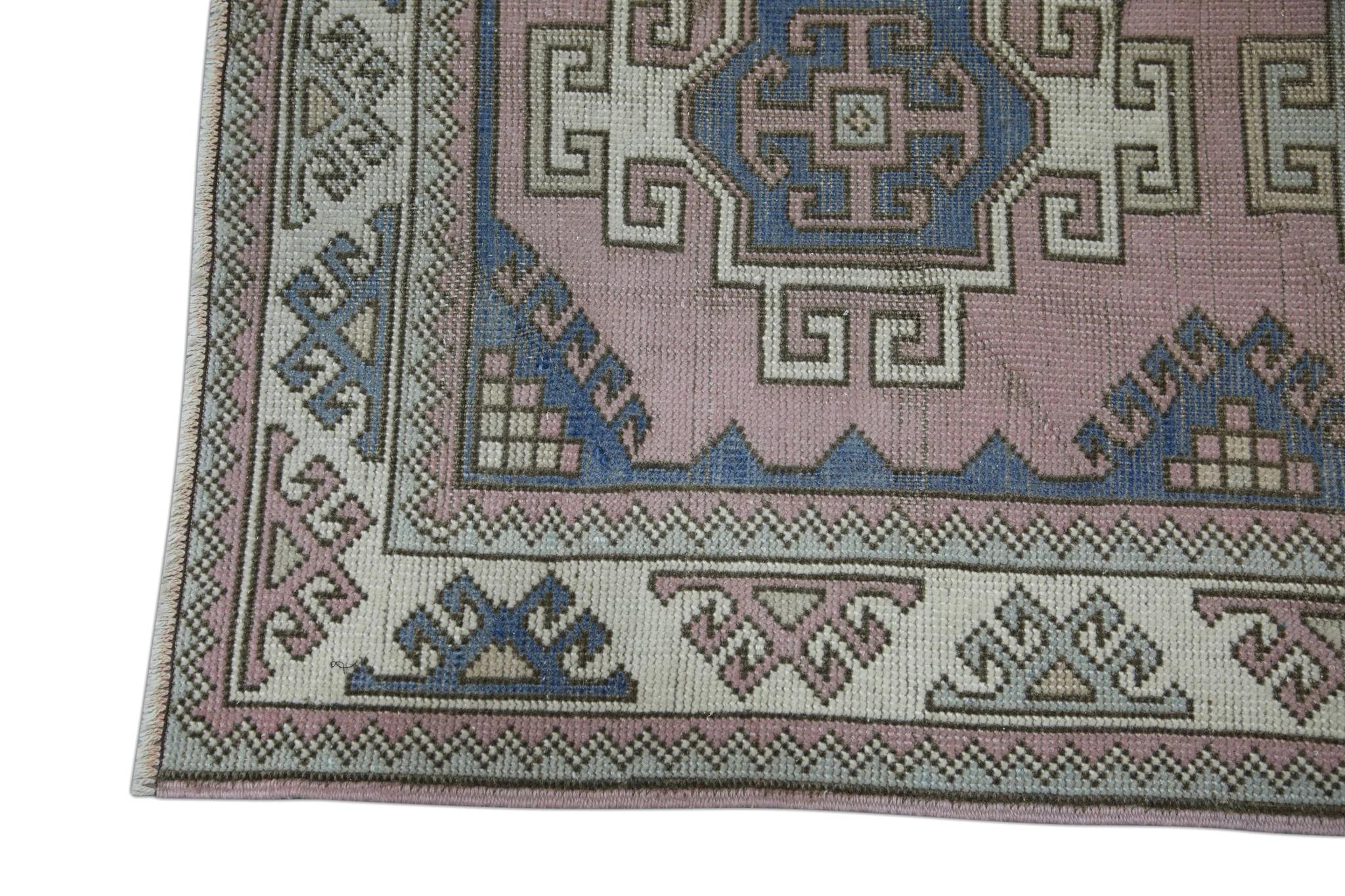 Tribal 1960s Pink & Blue Vintage Turkish Runner 2'11