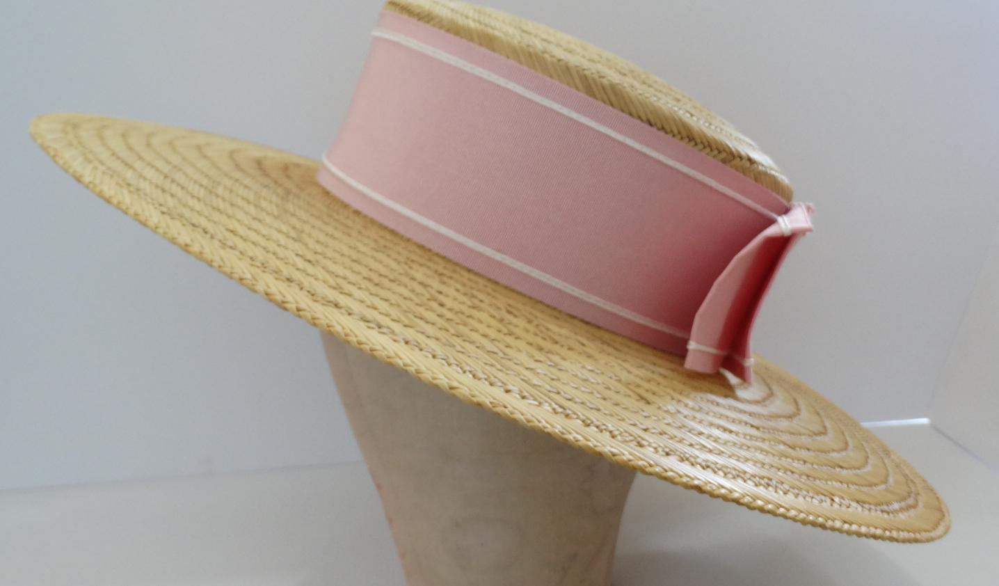 Brown 1960s Pink Bow Straw Boater Hat