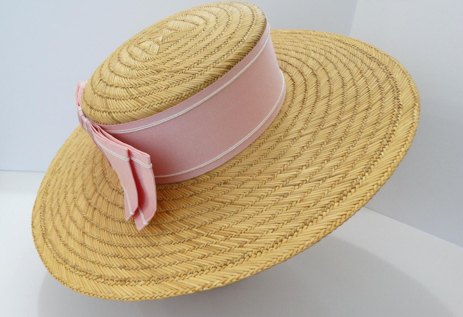 Women's or Men's 1960s Pink Bow Straw Boater Hat