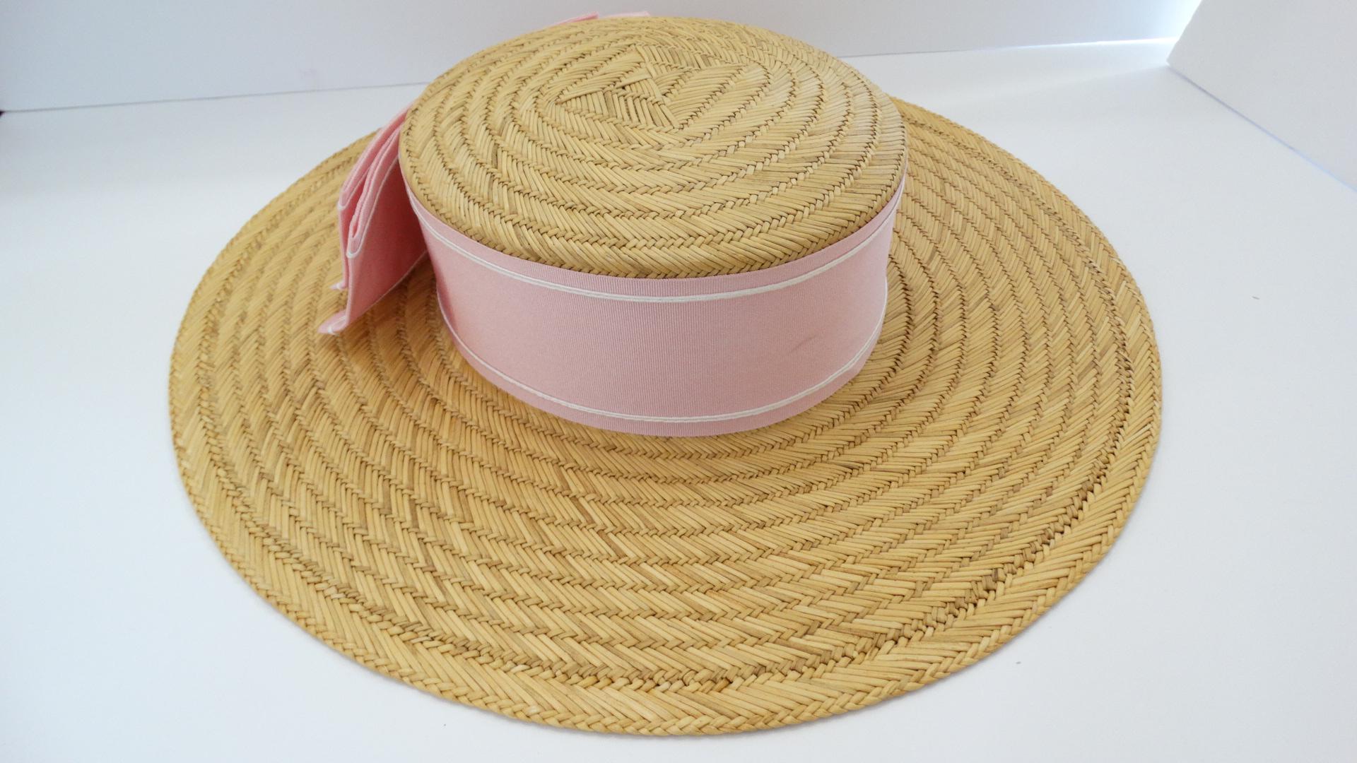 1960s Pink Bow Straw Boater Hat 1