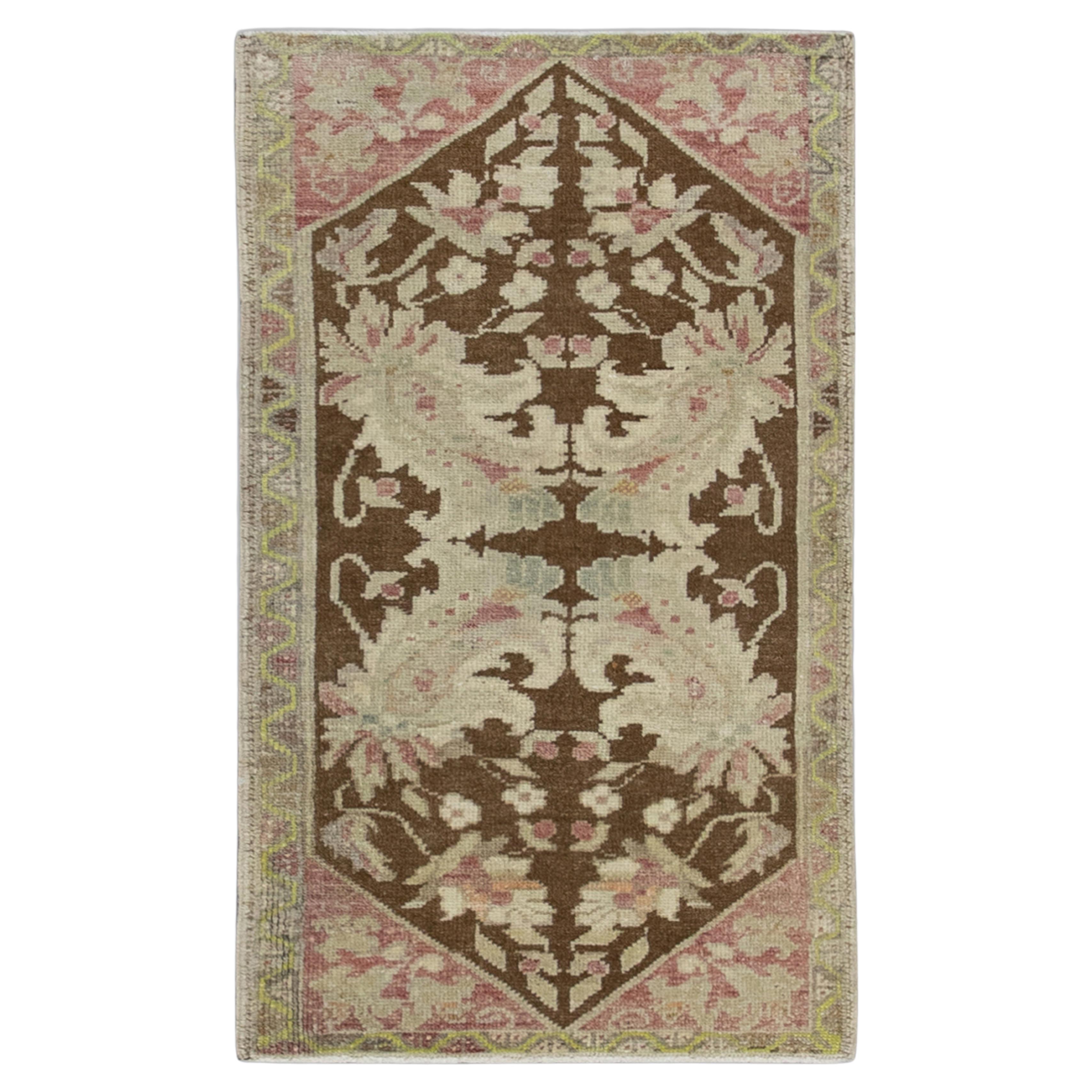 1960s Pink & Brown Vintage Turkish Mini Rug 1'7" X 3'1"