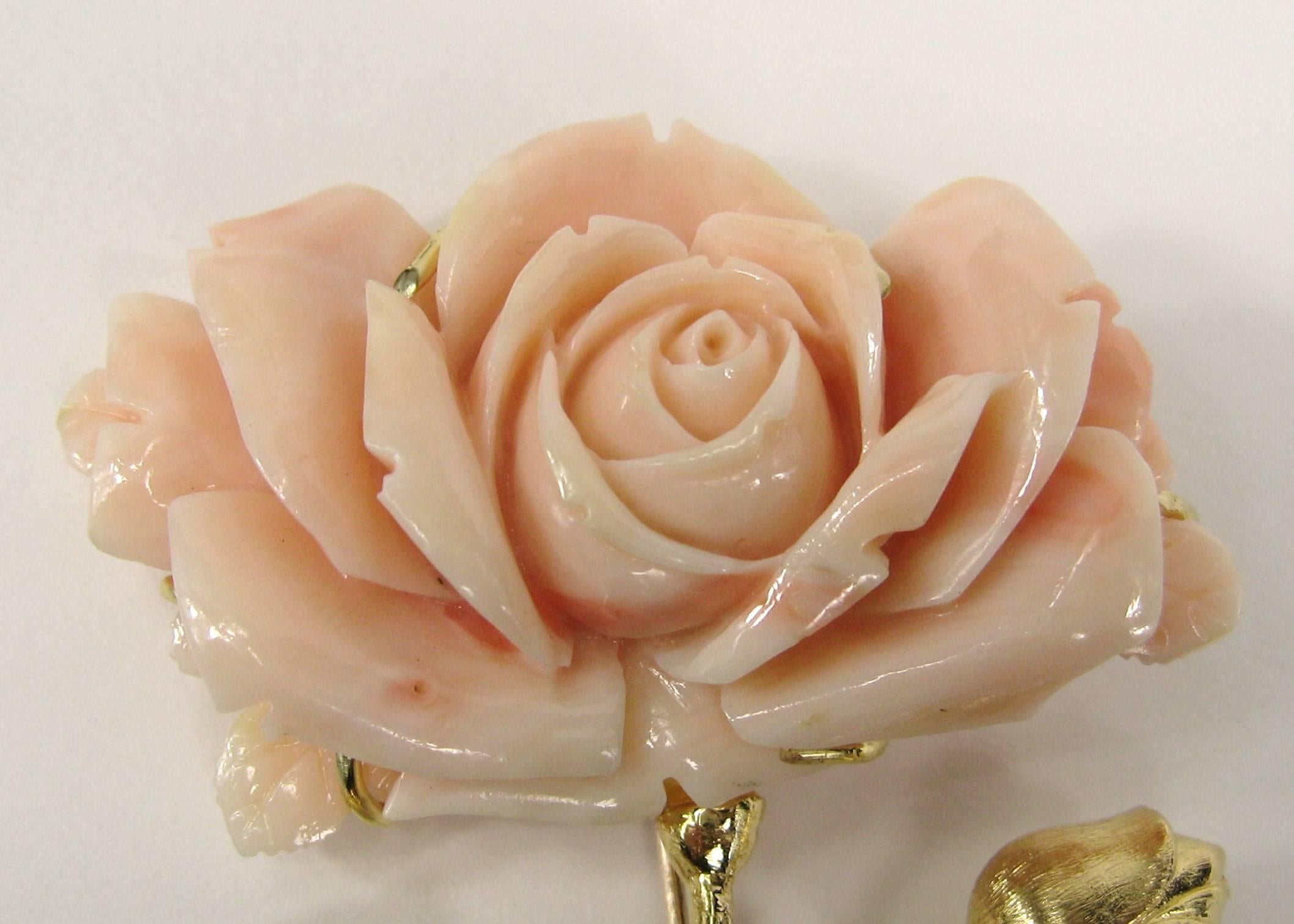 Brilliant Cut 1960s Pink Coral 14 Karat Gold Diamond Rose Brooch Pin For Sale