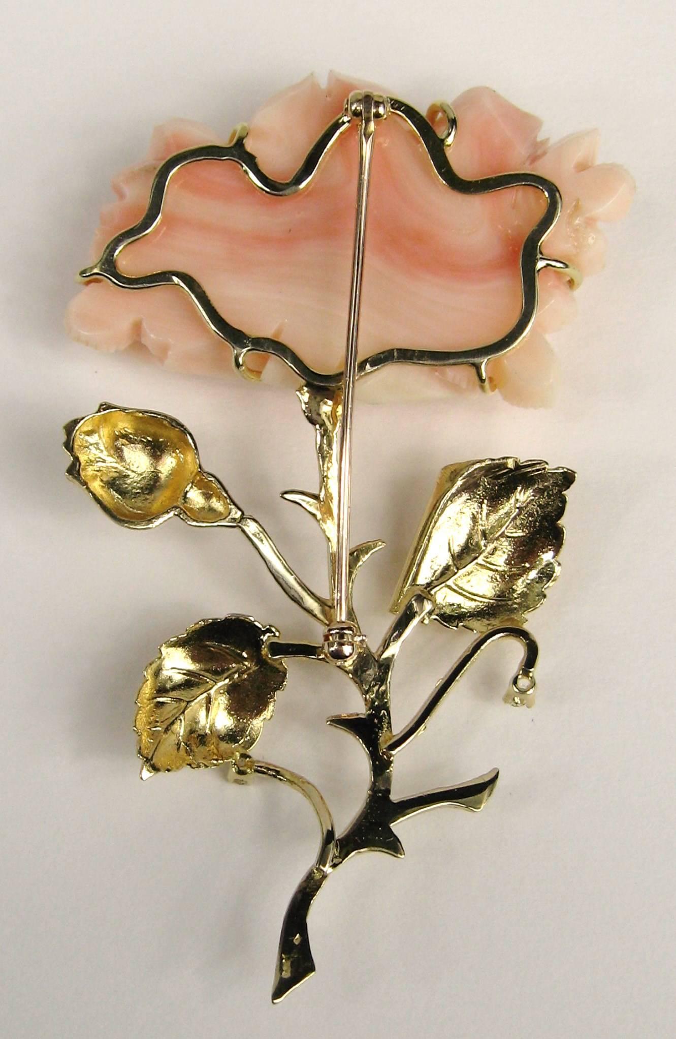 Women's 1960s Pink Coral 14 Karat Gold Diamond Rose Brooch Pin For Sale