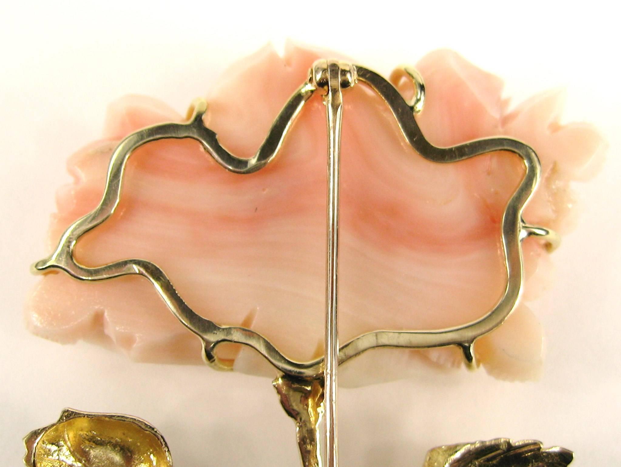 1960s Pink Coral 14 Karat Gold Diamond Rose Brooch Pin For Sale 1