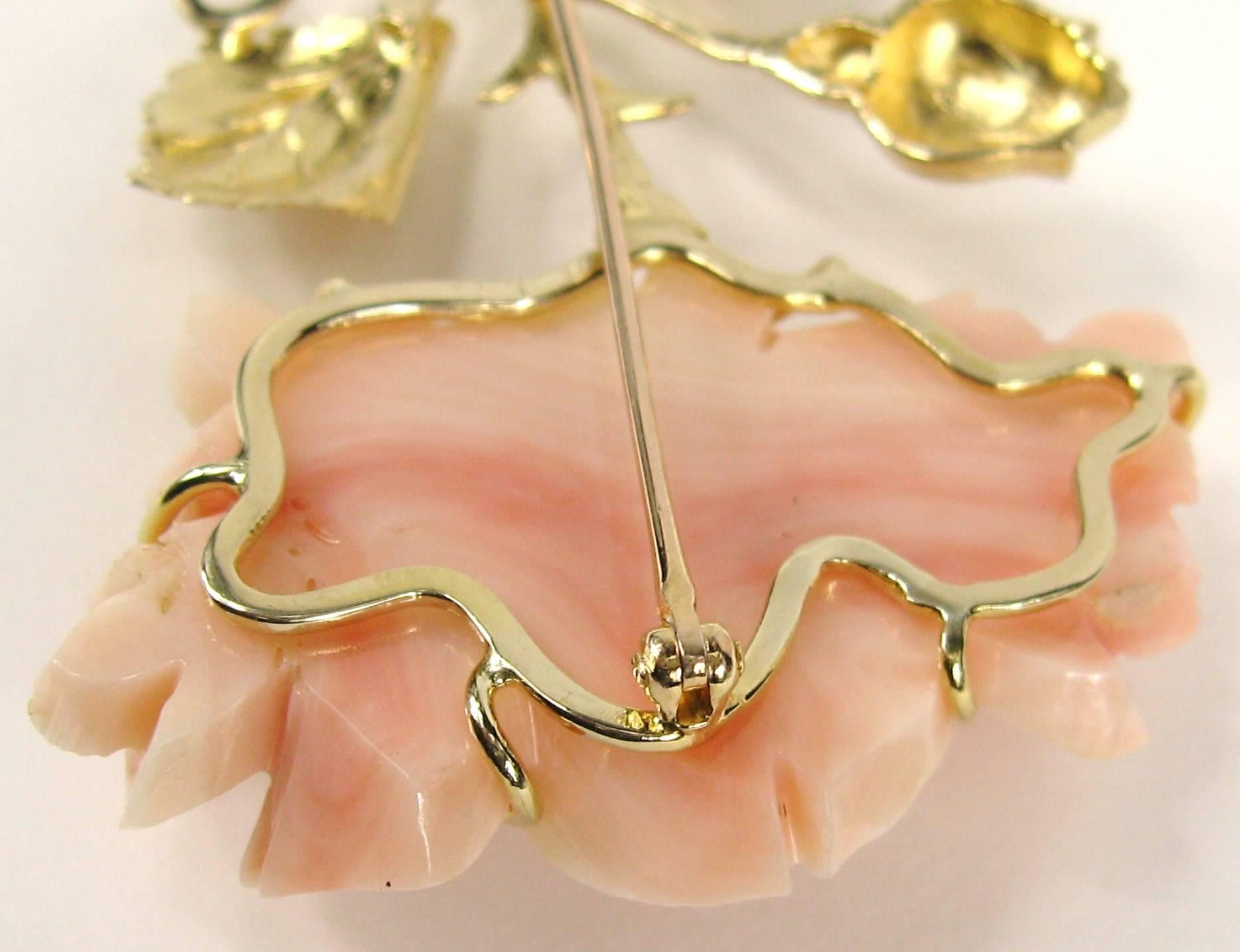 Broche rose en or 14 carats avec diamants et corail rose, années 1960 en vente 4