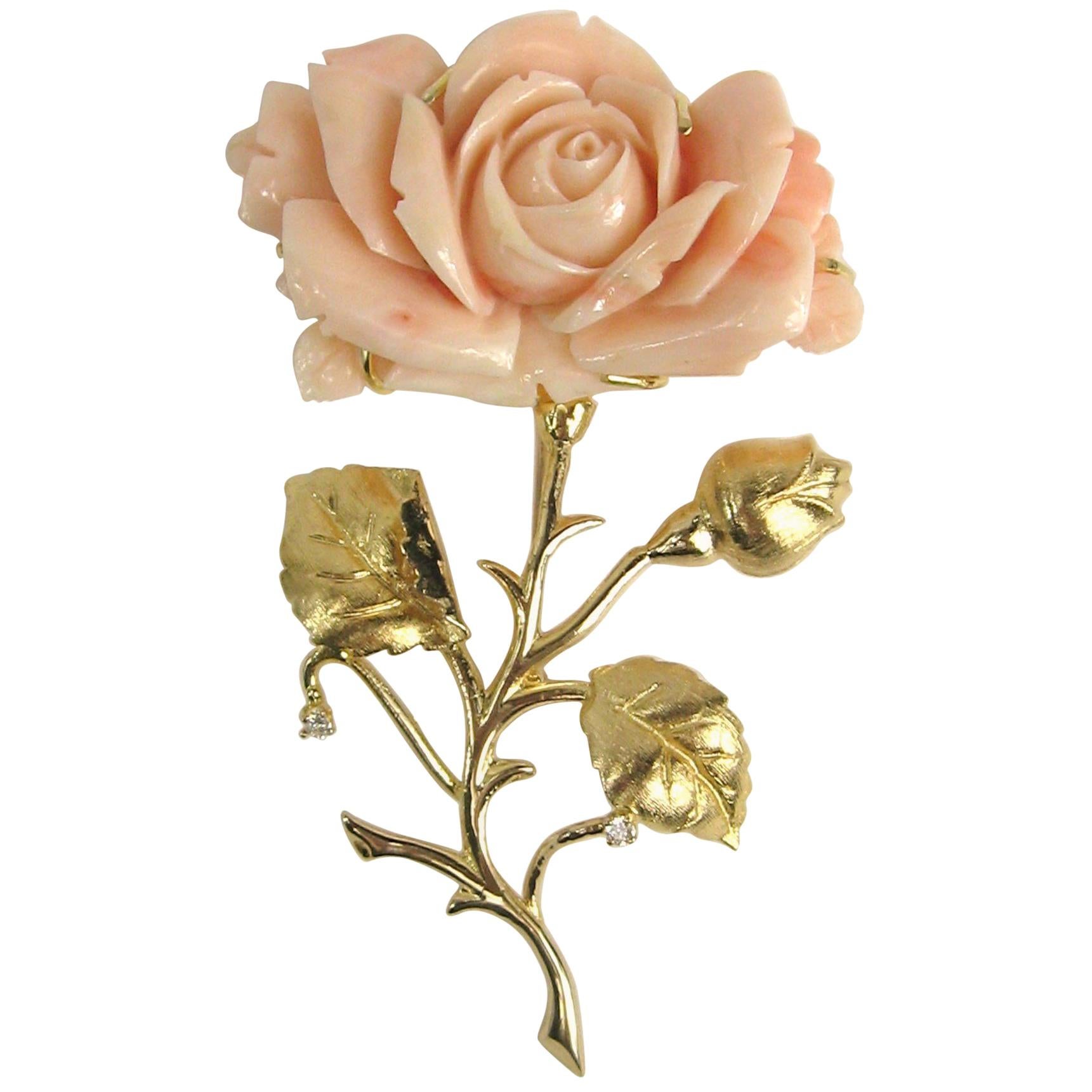 1960s Pink Coral 14 Karat Gold Diamond Rose Brooch Pin For Sale