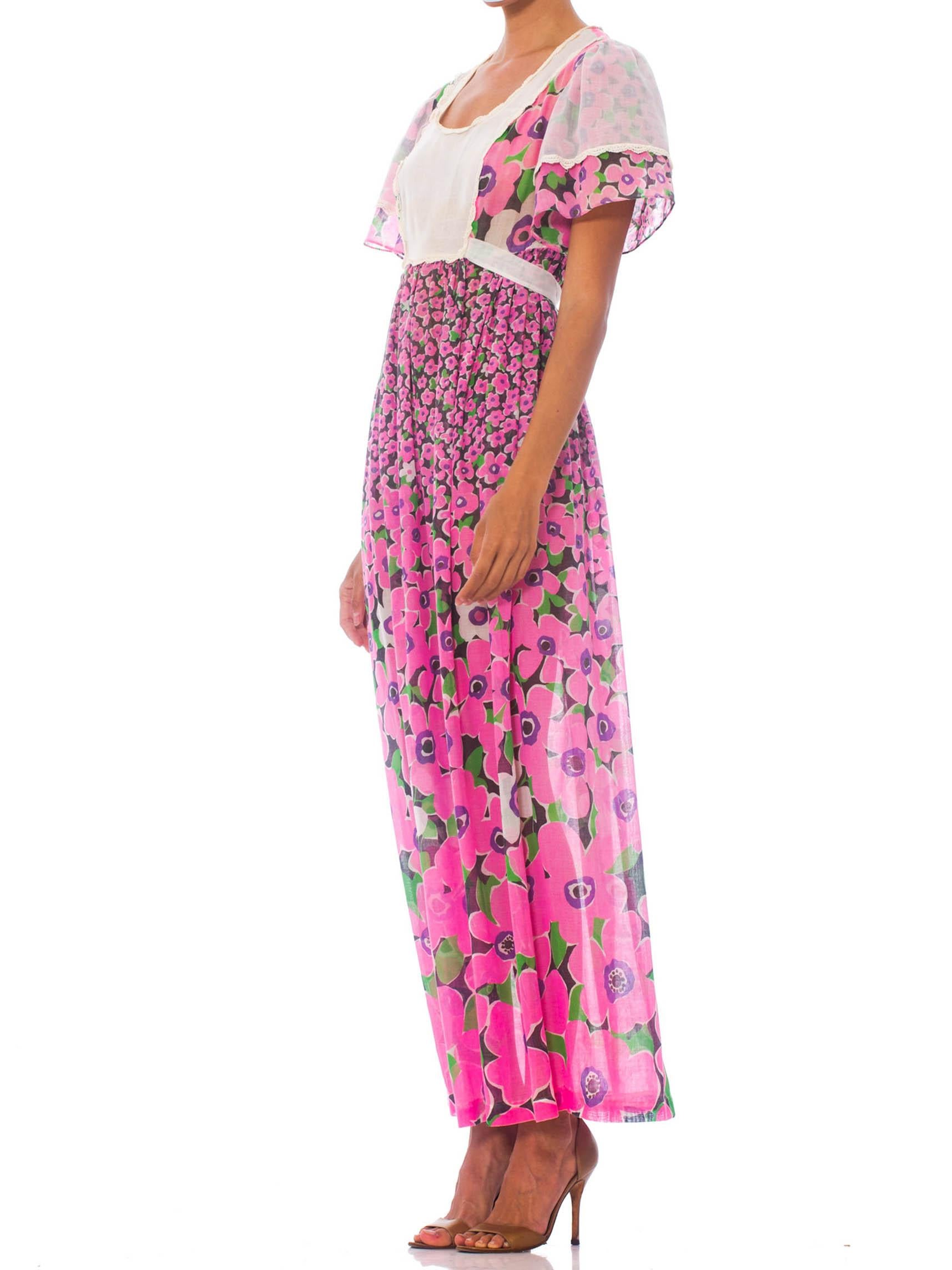 Women's 1960S Pink Floral Cotton Lawn Maxi Dress With Cape Sleeves & Lace Trim For Sale