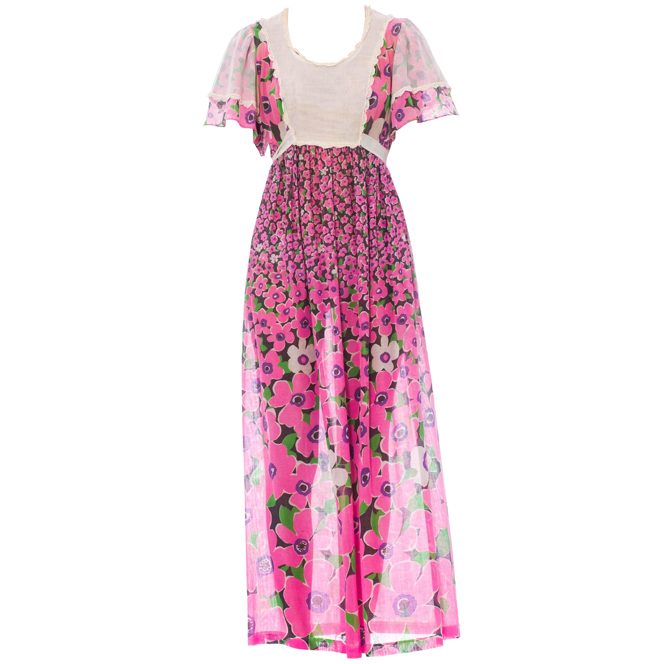 1960S Pink Floral Cotton Lawn Maxi Dress With Cape Sleeves & Lace Trim For Sale