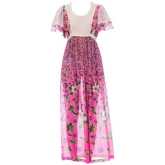 Vintage 1960S Pink Floral Cotton Lawn Maxi Dress With Cape Sleeves & Lace Trim