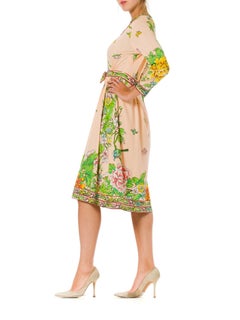 1960S Blush Pink Floral Polyester Jersey Long Sleeve Dress