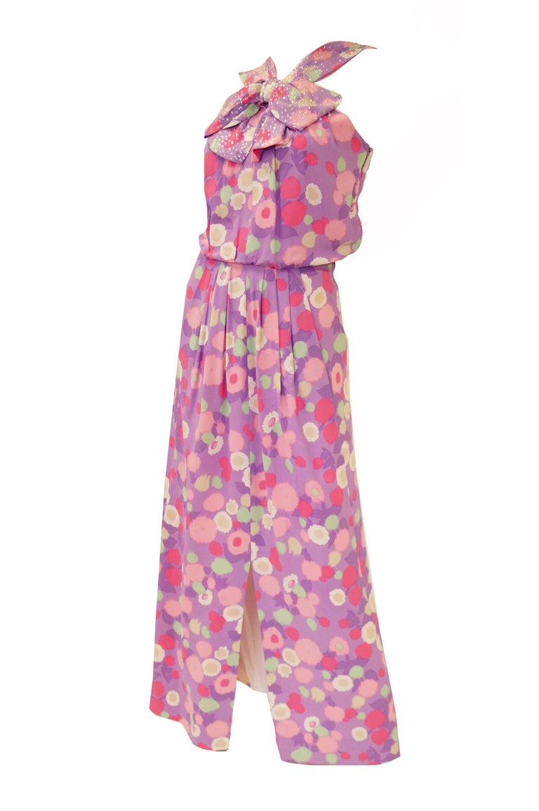 Women's 1960s Pink Floral Silk Crepe and Sequin Maxi Dress For Sale