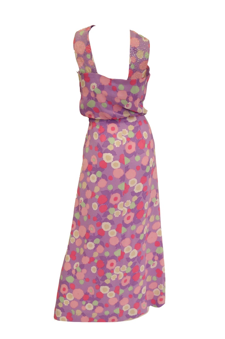 1960s Pink Floral Silk Crepe and Sequin Maxi Dress For Sale 2