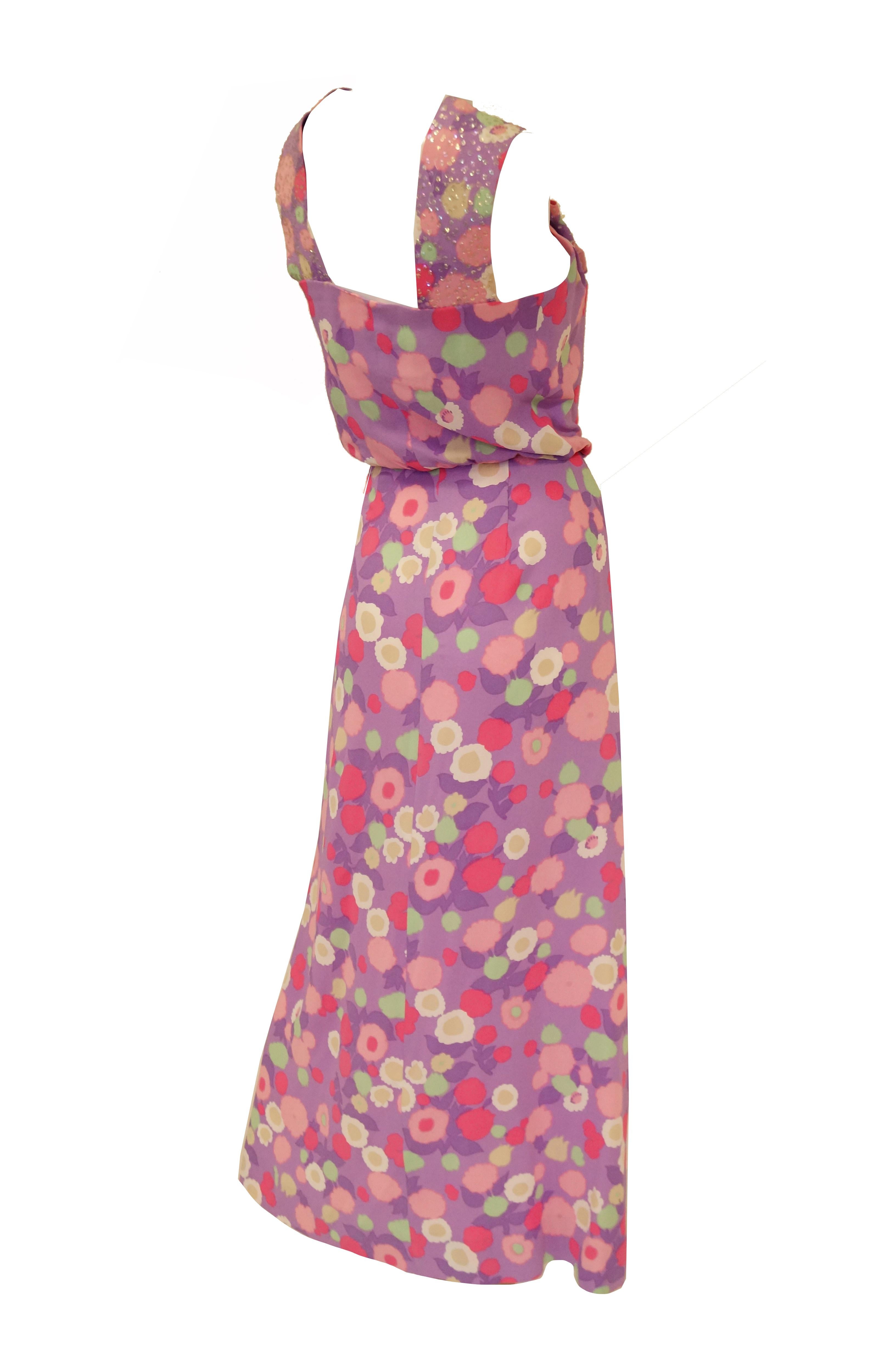1960s Pink Floral Silk Crepe and Sequin Maxi Dress For Sale 1