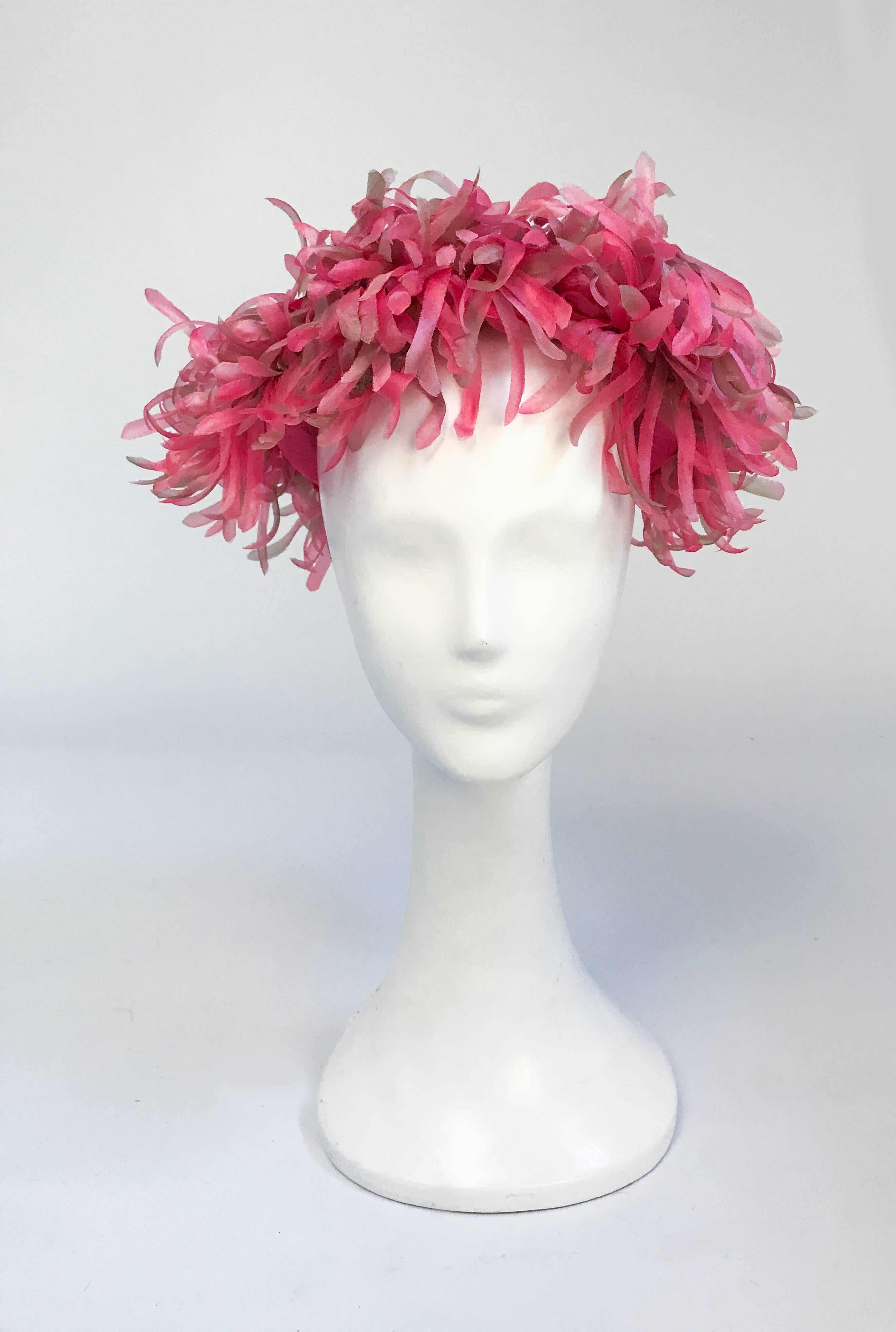 1960's Pink Flower and Foliage Hat. Pink structured hat with with silk flowers and pink and green velvet leafs. 22 inch circumference.