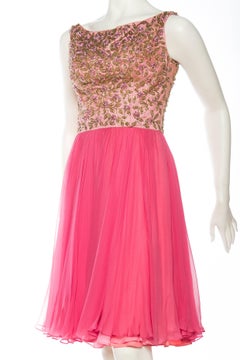 1960S Pink & Gold Silk Chiffon Beaded Swing Skirt Party Cocktail Dress
