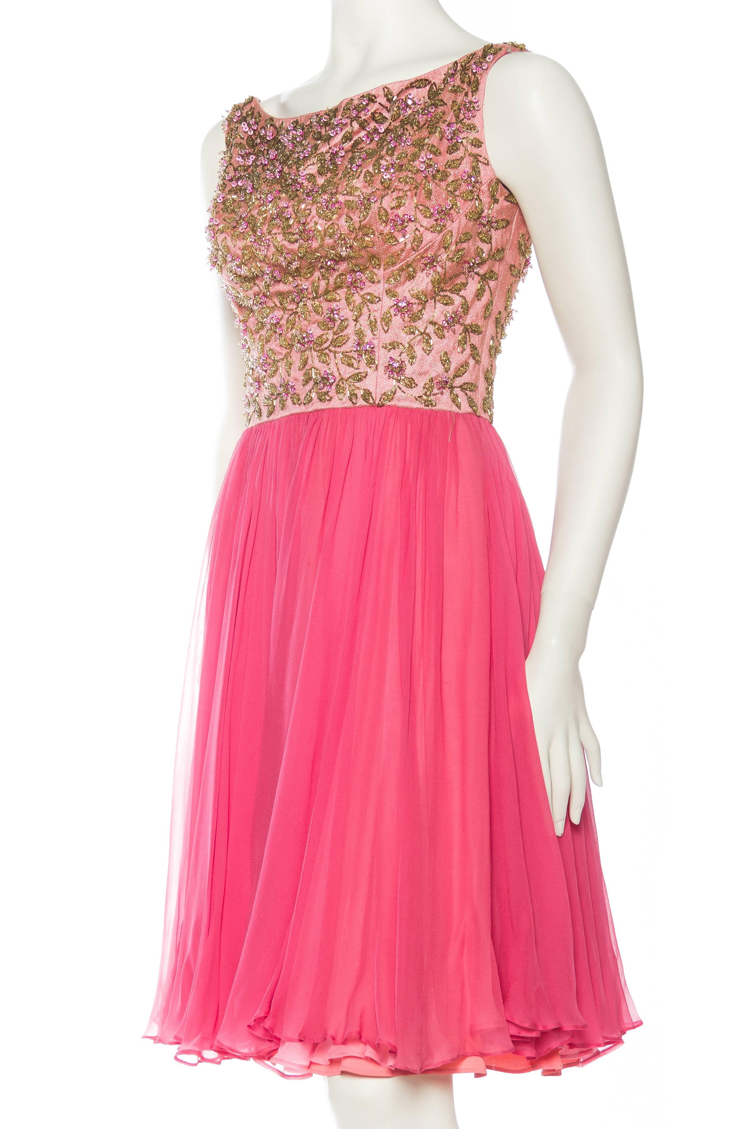1960S Pink & Gold Silk Chiffon Beaded Swing Skirt Party Cocktail Dress In Excellent Condition For Sale In New York, NY