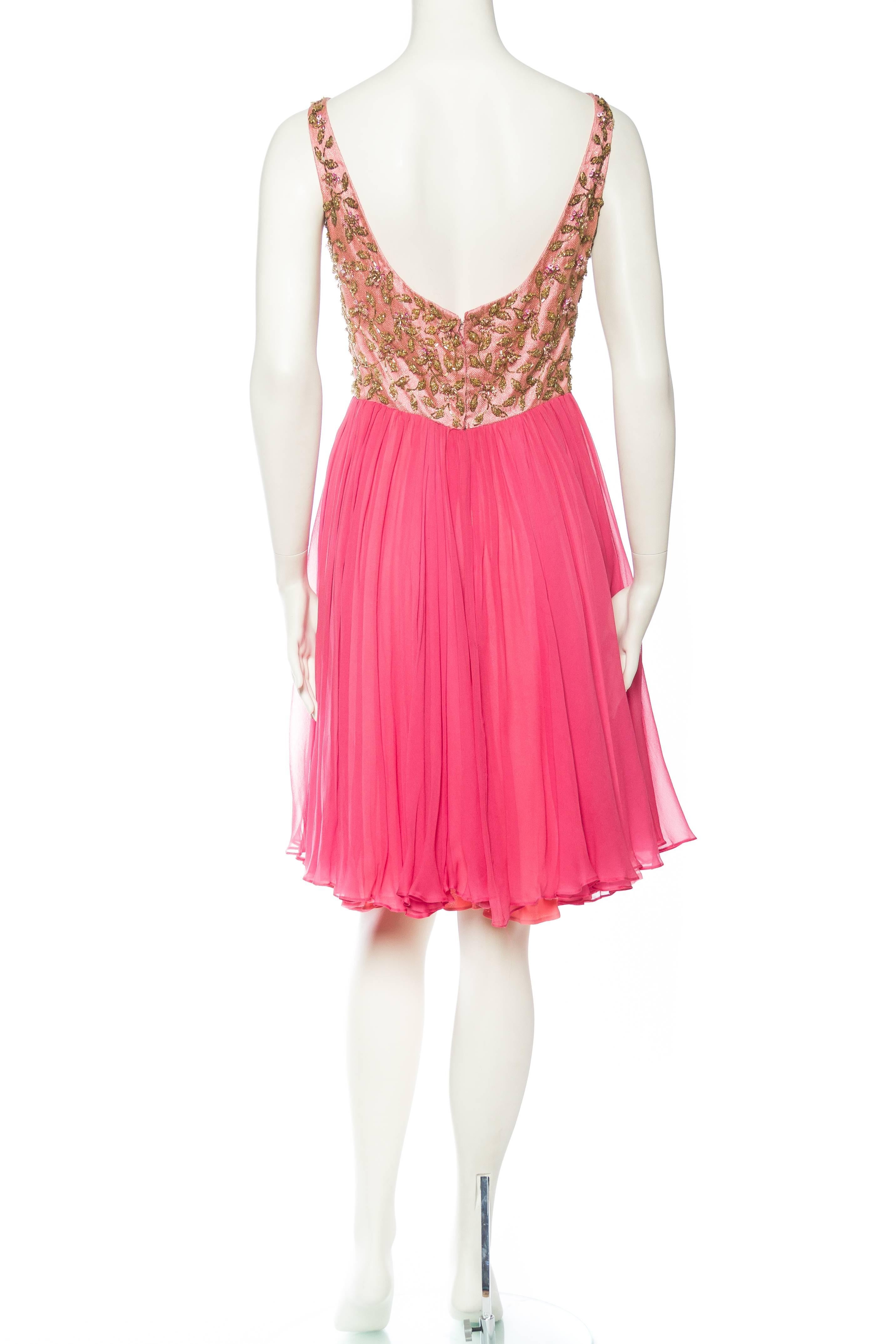 Women's 1960S Pink & Gold Silk Chiffon Beaded Swing Skirt Party Cocktail Dress For Sale