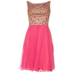 1960S Pink & Gold Silk Chiffon Beaded Swing Skirt Party Cocktail Dress