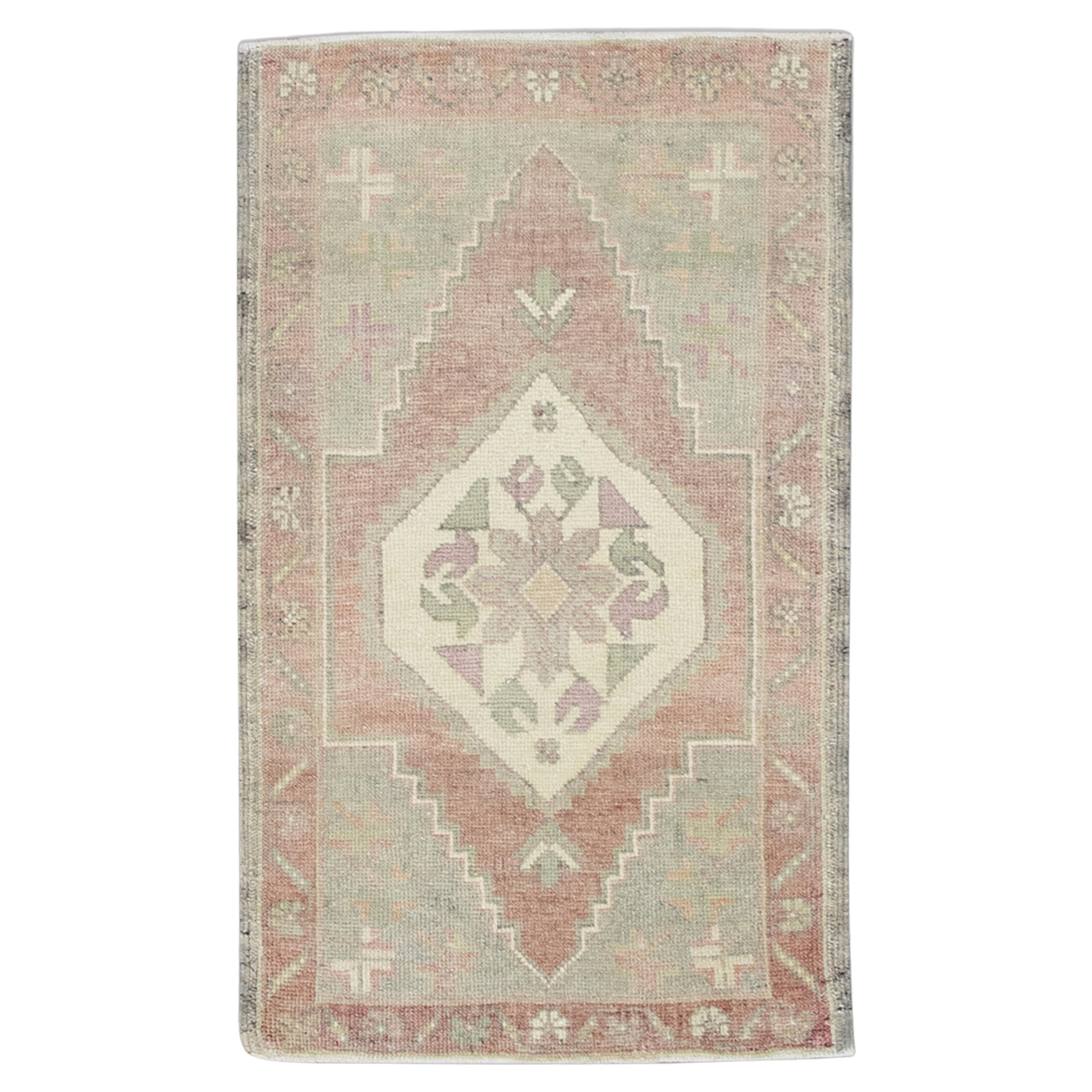 1960s Pink & Gray Vintage Turkish Mini Rug 1'9" X 3'