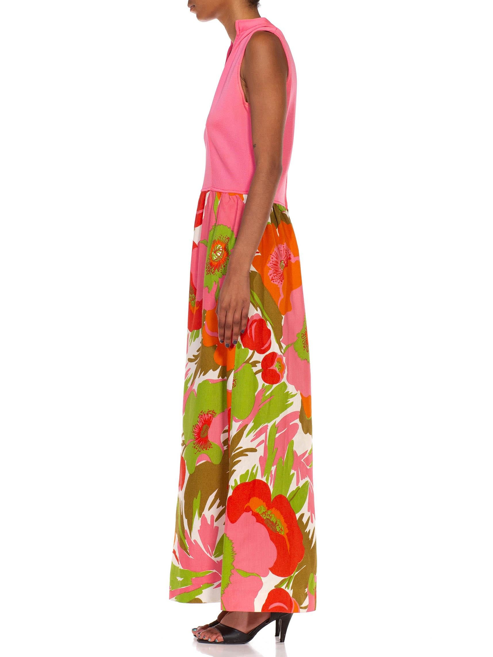 Orange 1960S Pink & Green Acetate Large Floral Print Skirt Dress For Sale