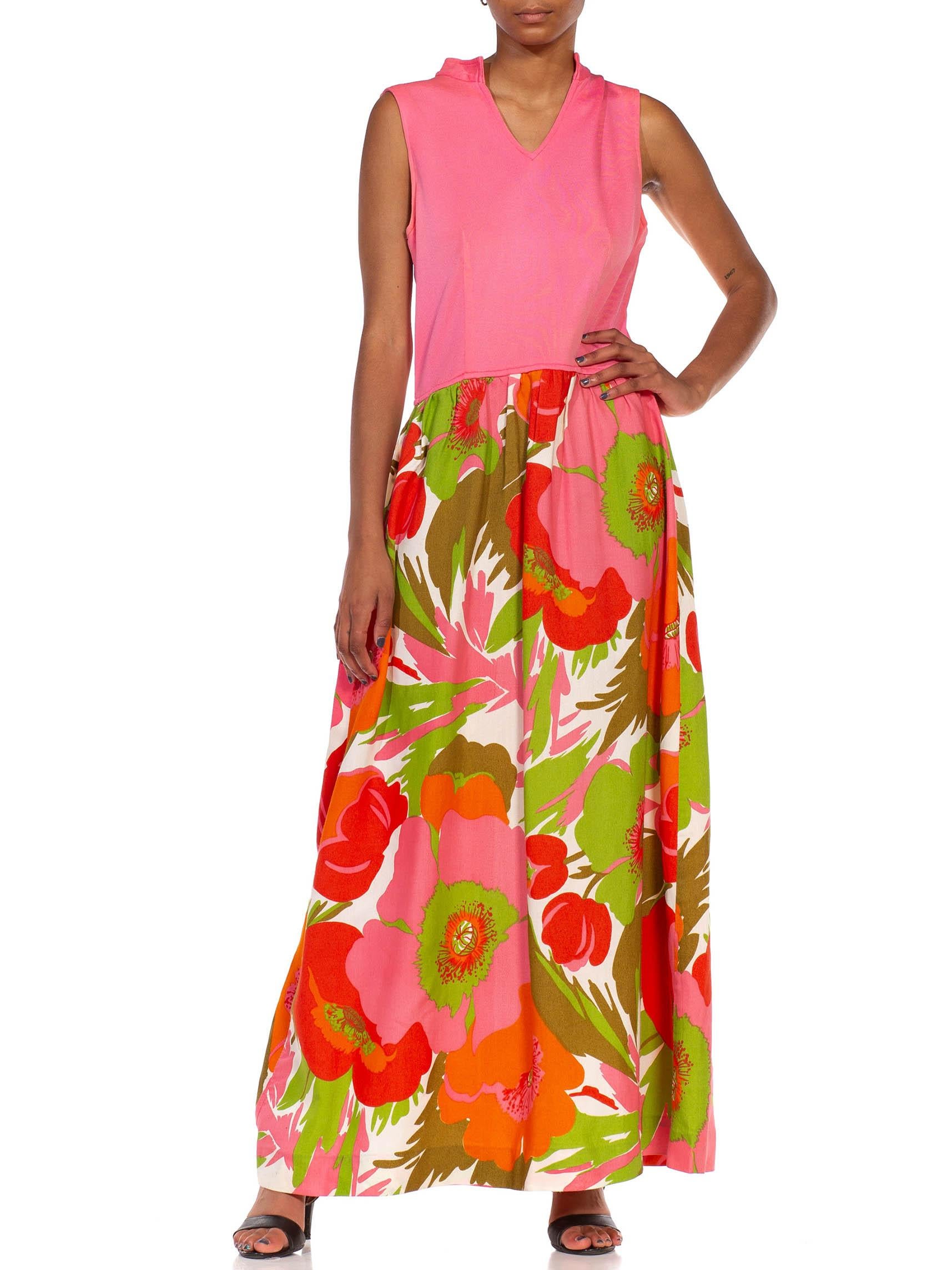 1960S Pink & Green Acetate Large Floral Print Skirt Dress For Sale 1