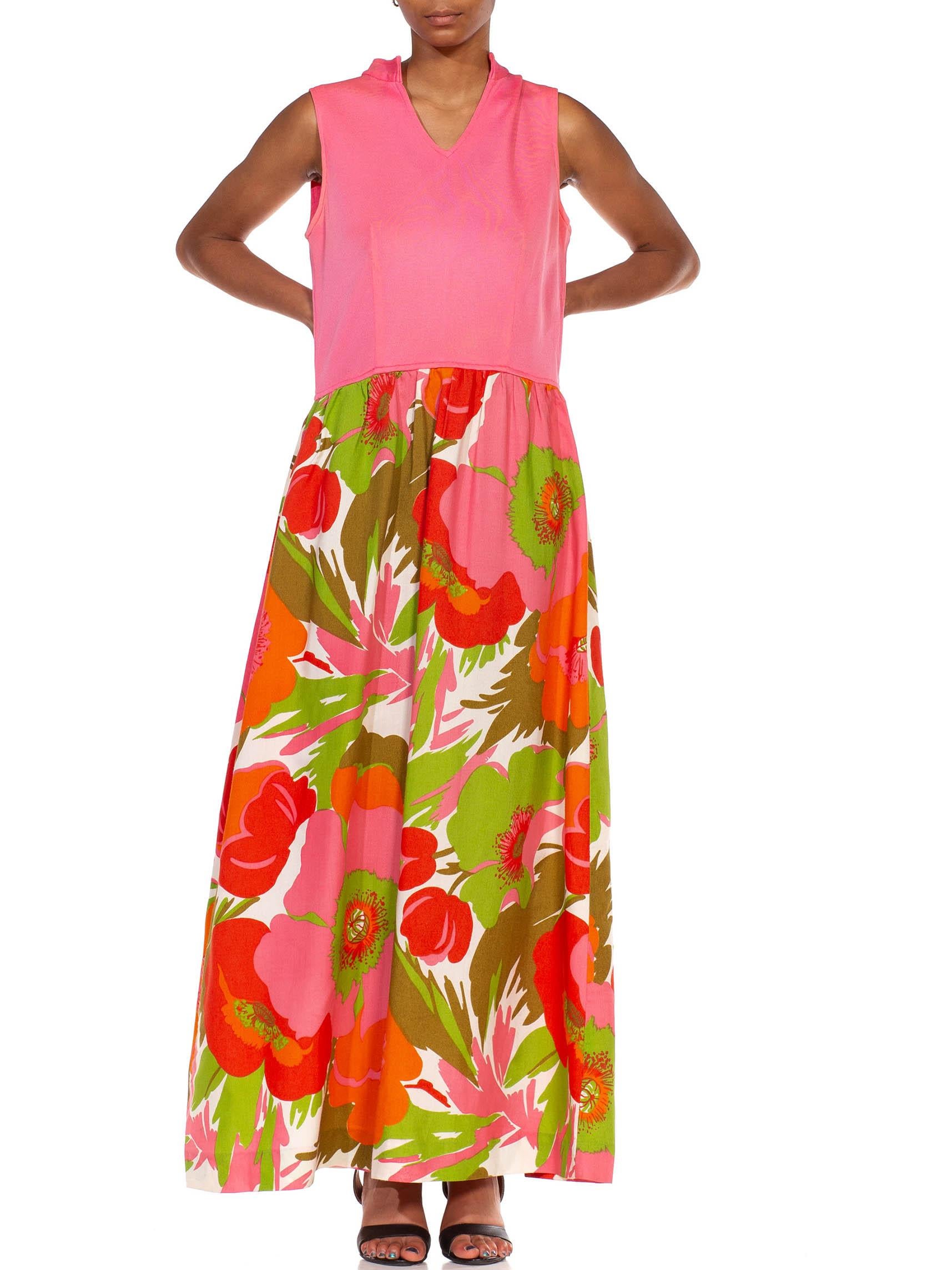 1960S Pink & Green Acetate Large Floral Print Skirt Dress For Sale 5