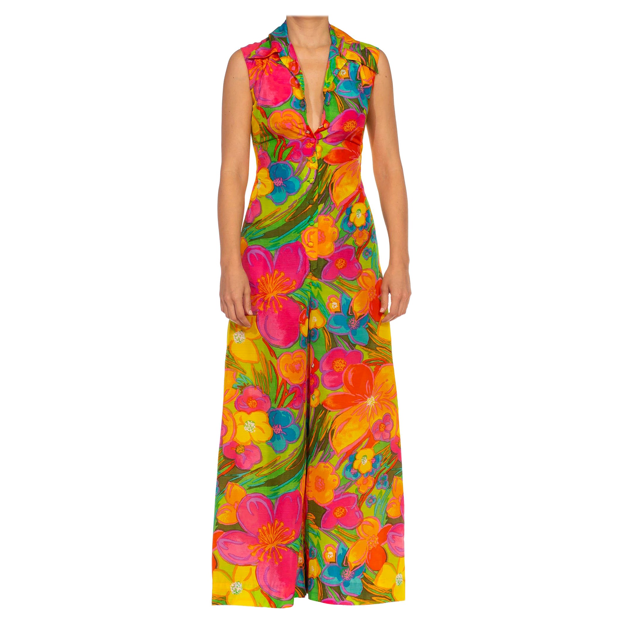 1960S Pink 
Green Rayon Floral Psychedelic Jumpsuit