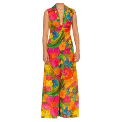 Vintage 1960S Pink & Green Rayon Floral Psychedelic Jumpsuit