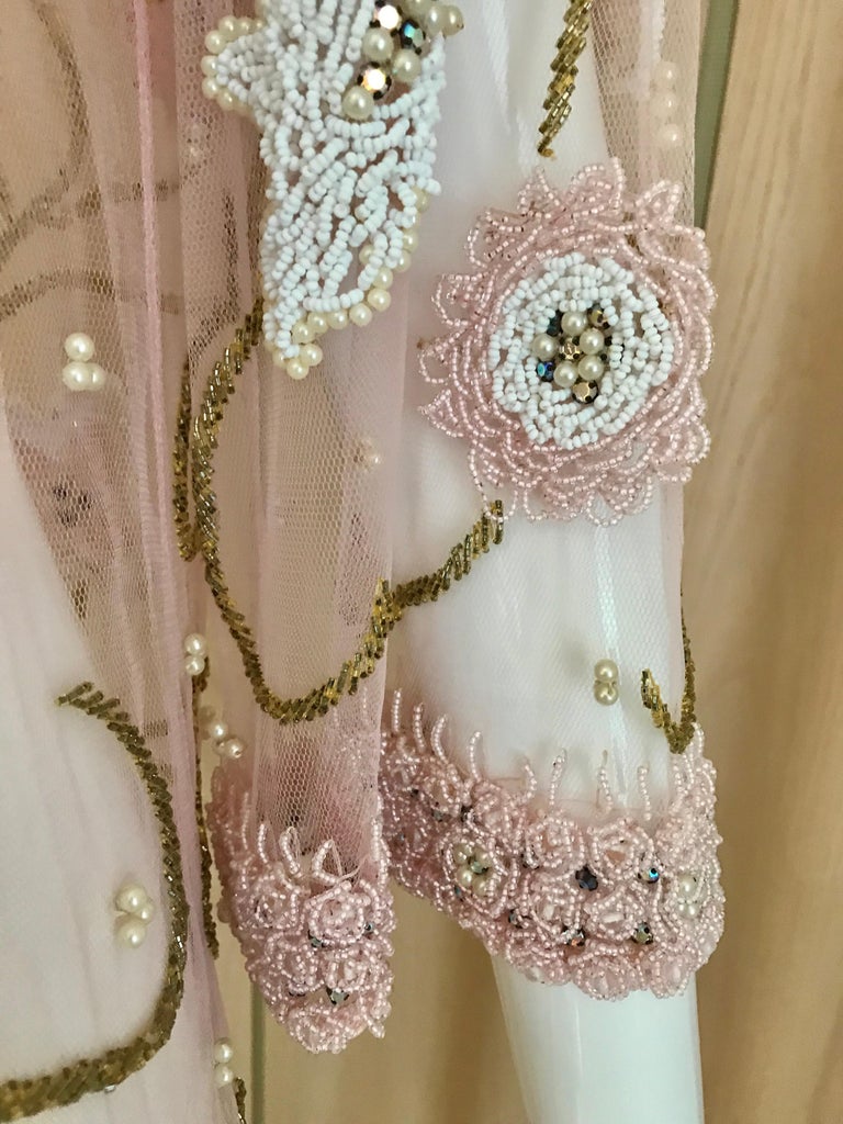 1960s Pink Mesh Beaded Tunic Cocktail Dress