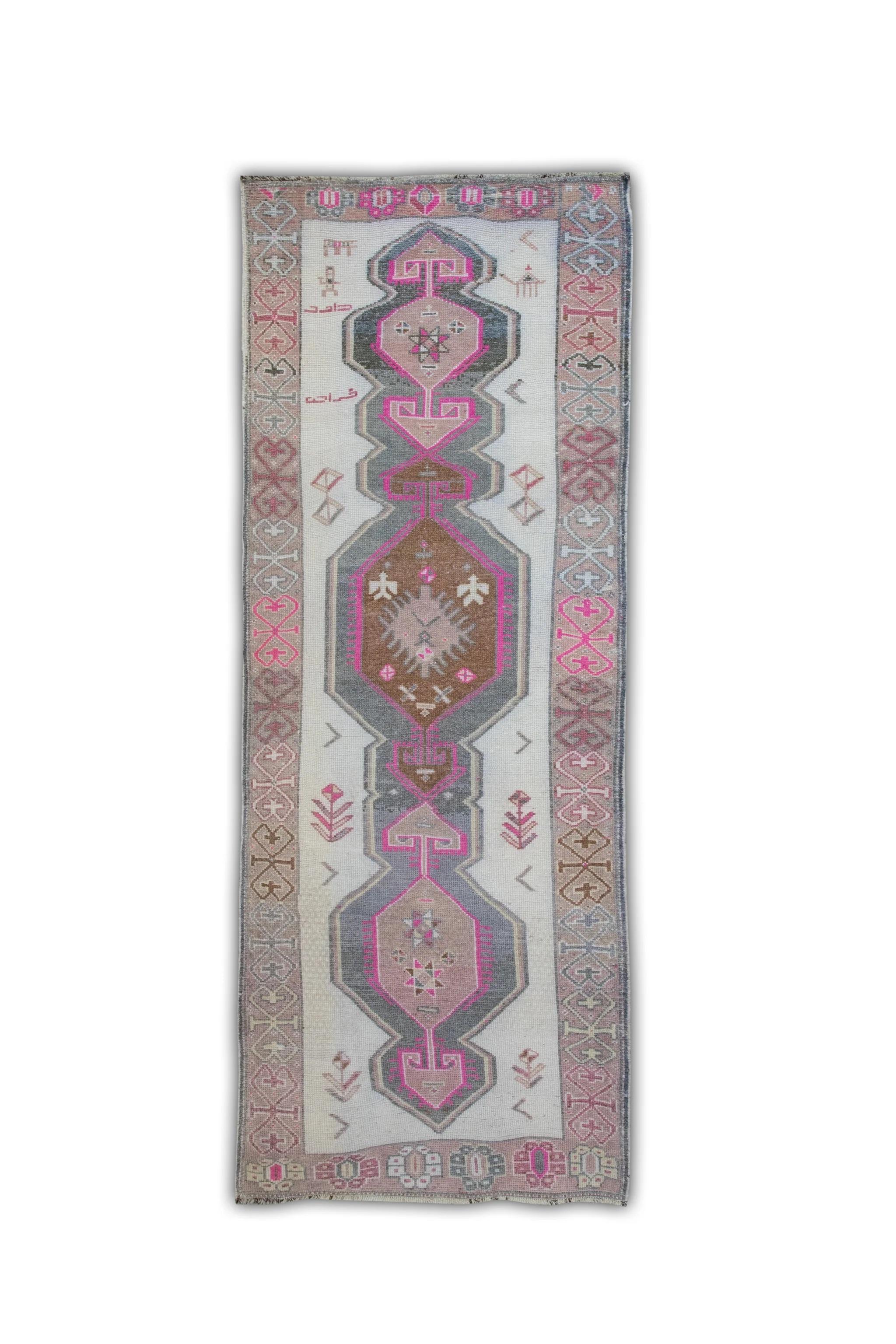 Mid-20th Century 1960s Pink Multicolor Vintage Turkish Runner 4'3