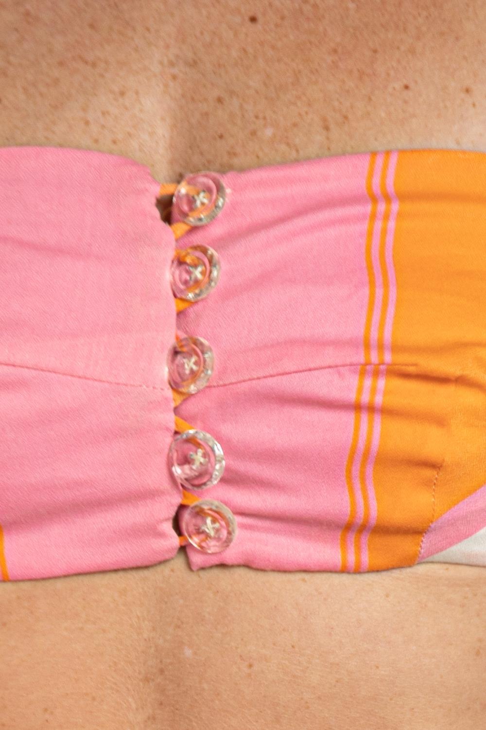 1960S Pink & Orange Cotton Striped Bra With Glass Button For Sale 7