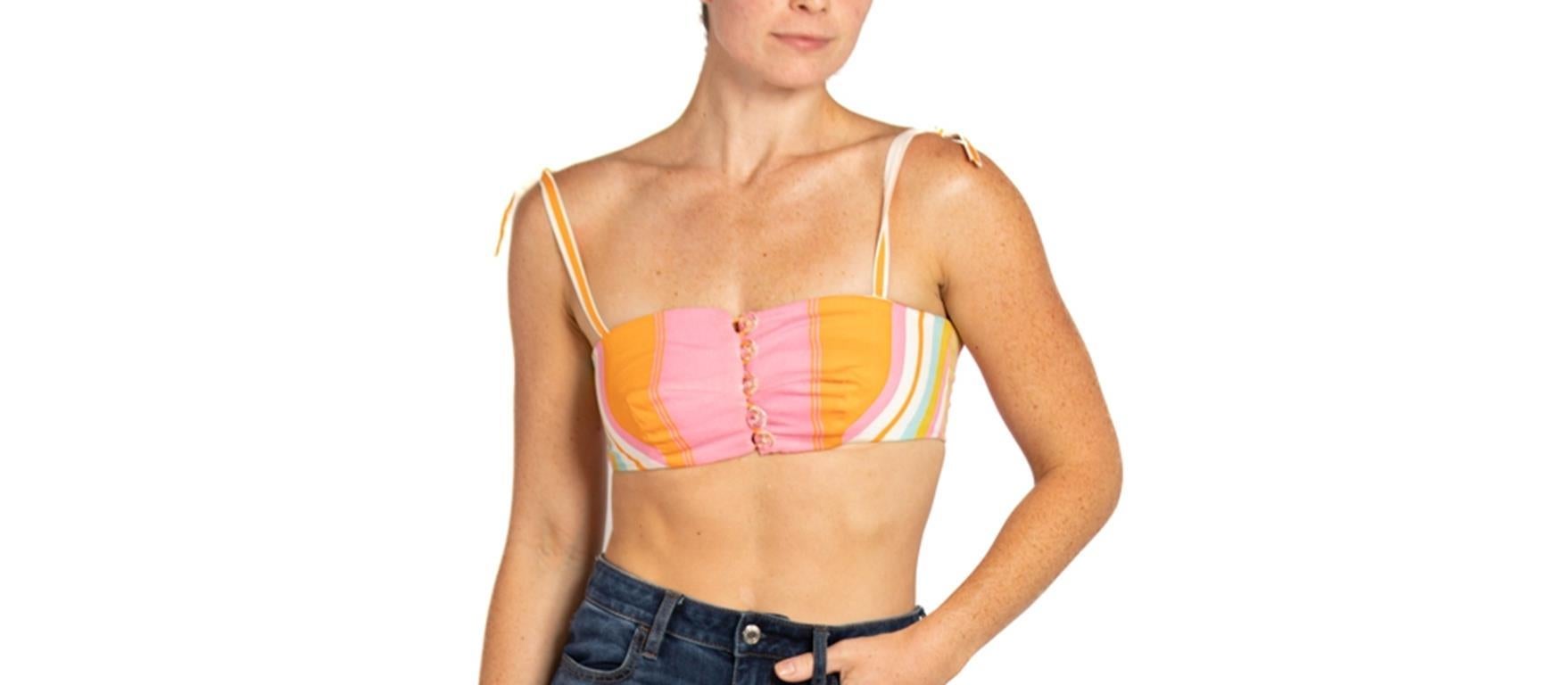 1960S Pink & Orange Cotton Striped Bra With Glass Button For Sale 1