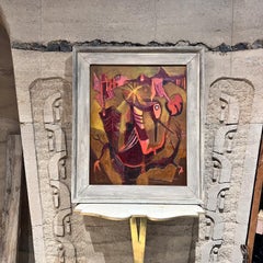 1960s Pink Phoenix Bird Artwork Abstract Oil Painting Griffith