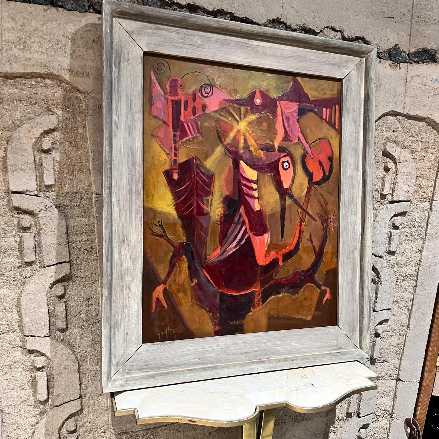 American 1960s Pink Phoenix Bird Artwork Abstract Oil Painting Griffith For Sale