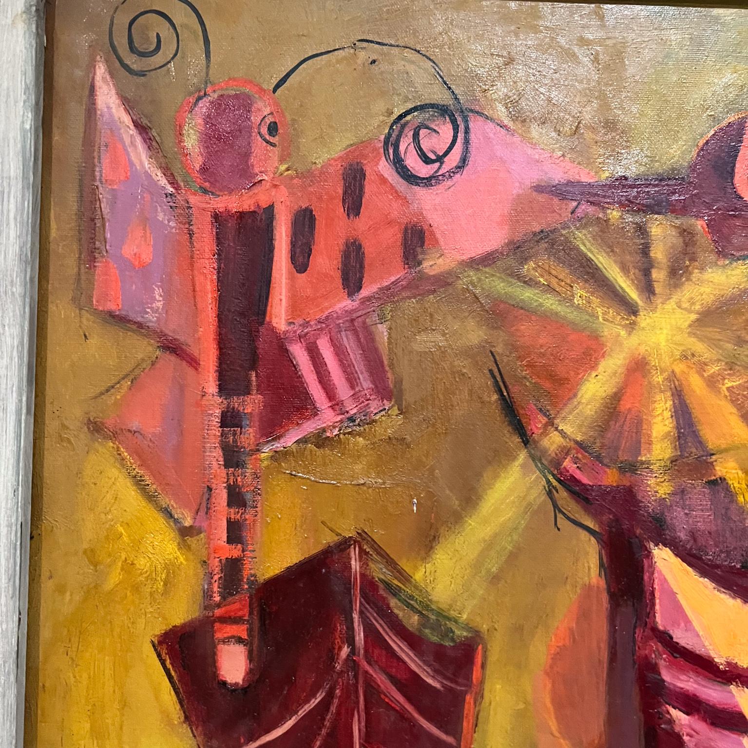 1960s Pink Phoenix Bird Artwork Abstract Oil Painting Griffith For Sale 3