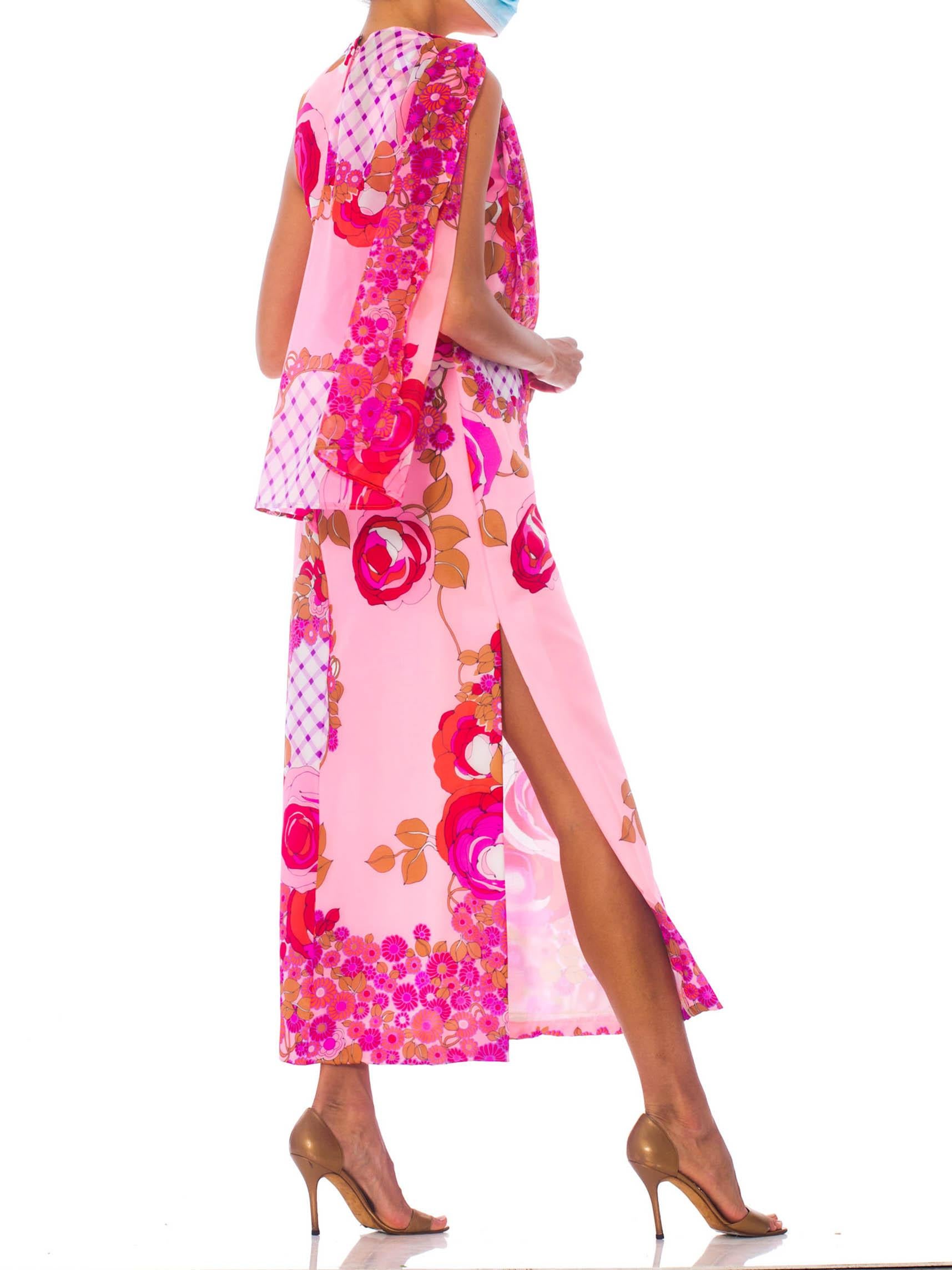 Women's 1960S Pink  Psychedelic Rose Print Polyester Chiffon Maxi Dress With Draped Cape