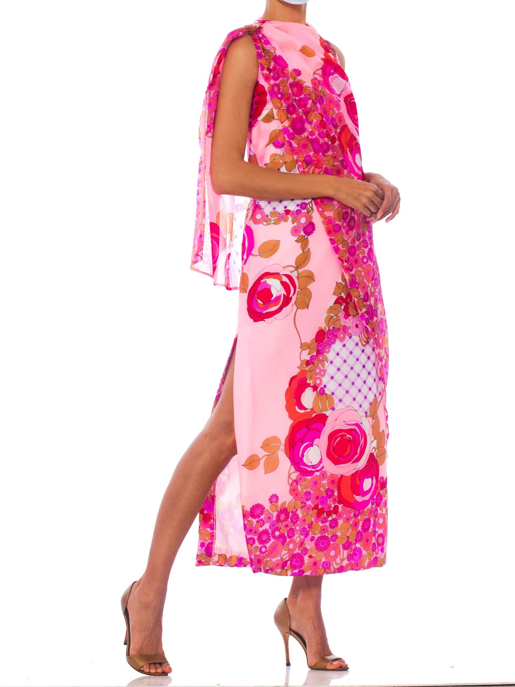 1960S Pink  Psychedelic Rose Print Polyester Chiffon Maxi Dress With Draped Cape 1