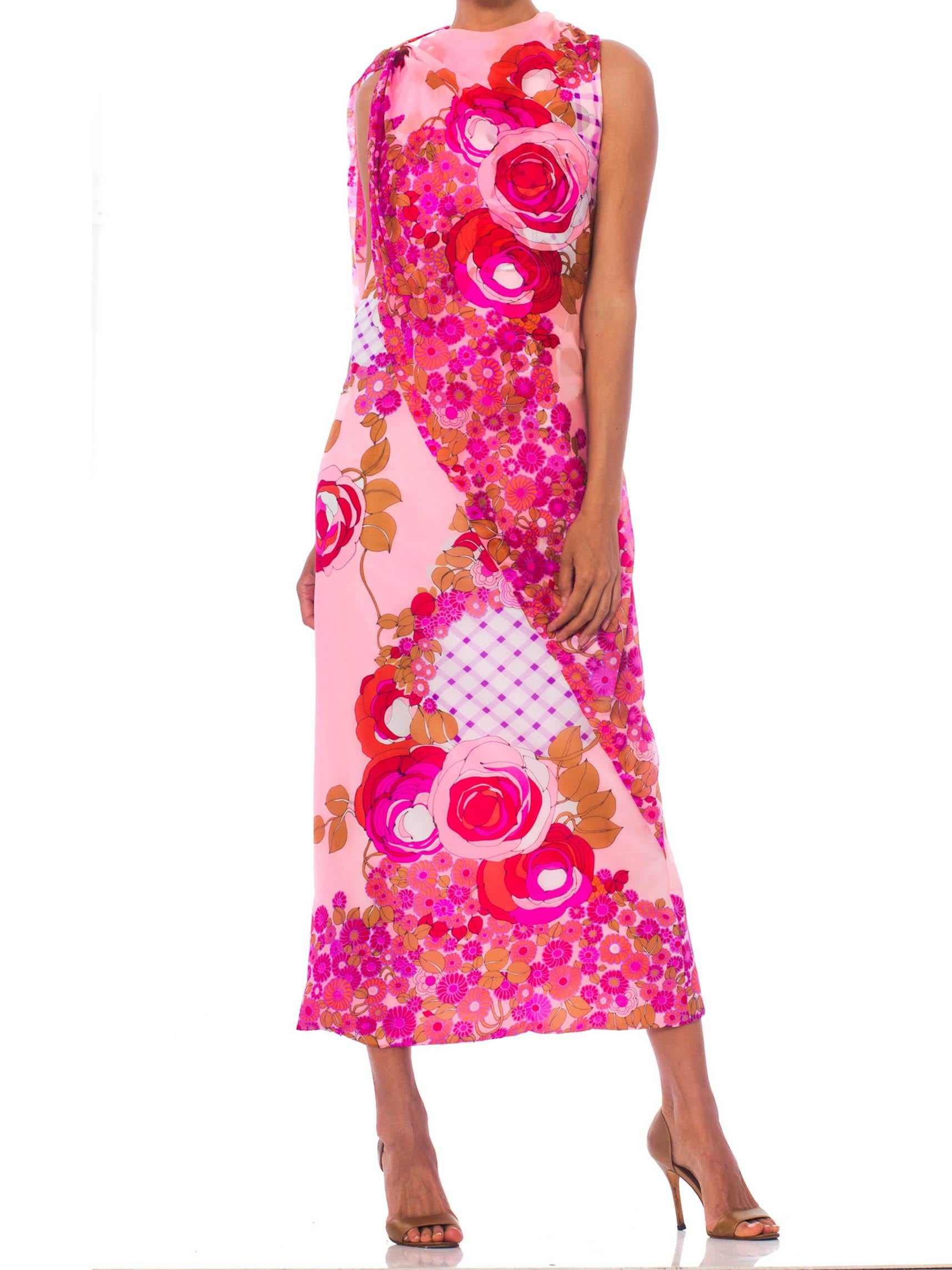 1960S Pink  Psychedelic Rose Print Polyester Chiffon Maxi Dress With Draped Cape 2