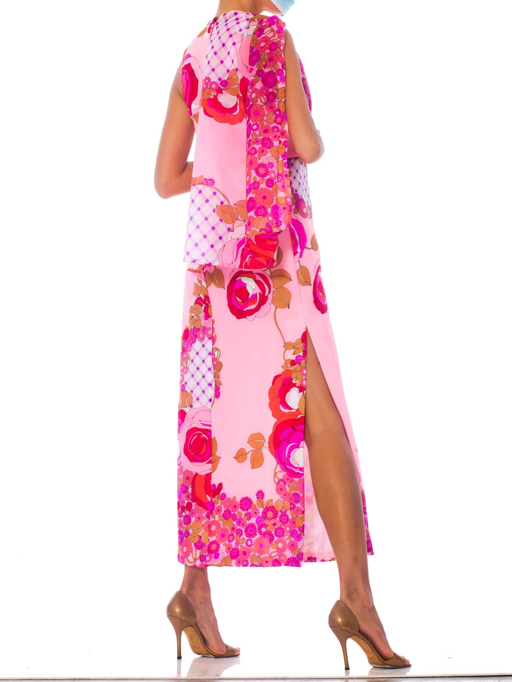 1960S Pink  Psychedelic Rose Print Polyester Chiffon Maxi Dress With Draped Cape 3