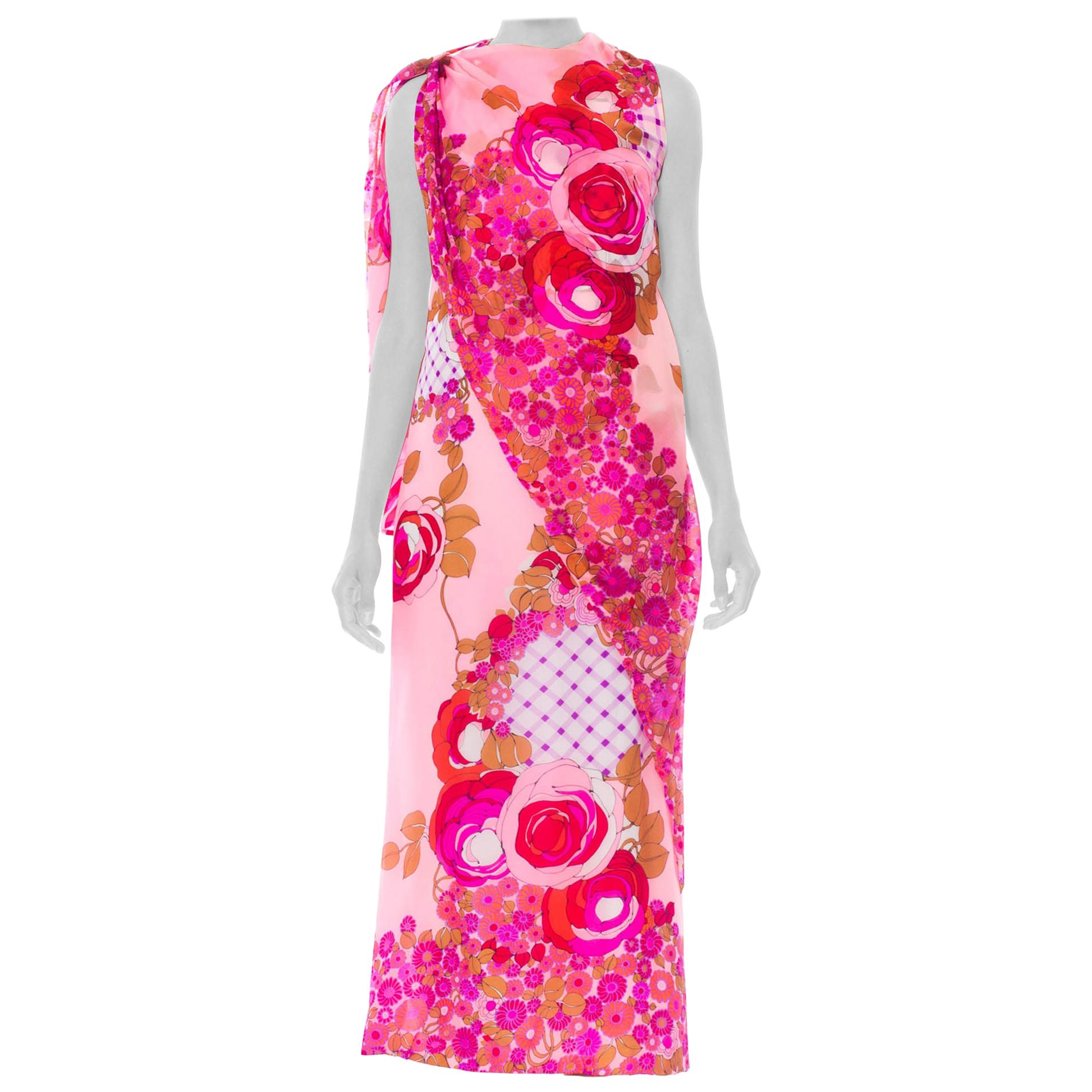 1960S Pink  Psychedelic Rose Print Polyester Chiffon Maxi Dress With Draped Cape