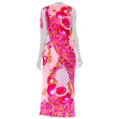 Vintage 1960S Pink  Psychedelic Rose Print Polyester Chiffon Maxi Dress With Draped Cape