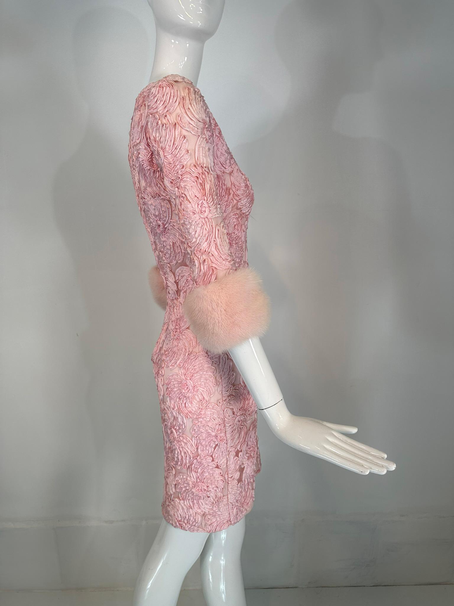 1960s Pink Ribbon Floral Applique on Net Cocktail Dress with Pink Mink Cuffs For Sale 5