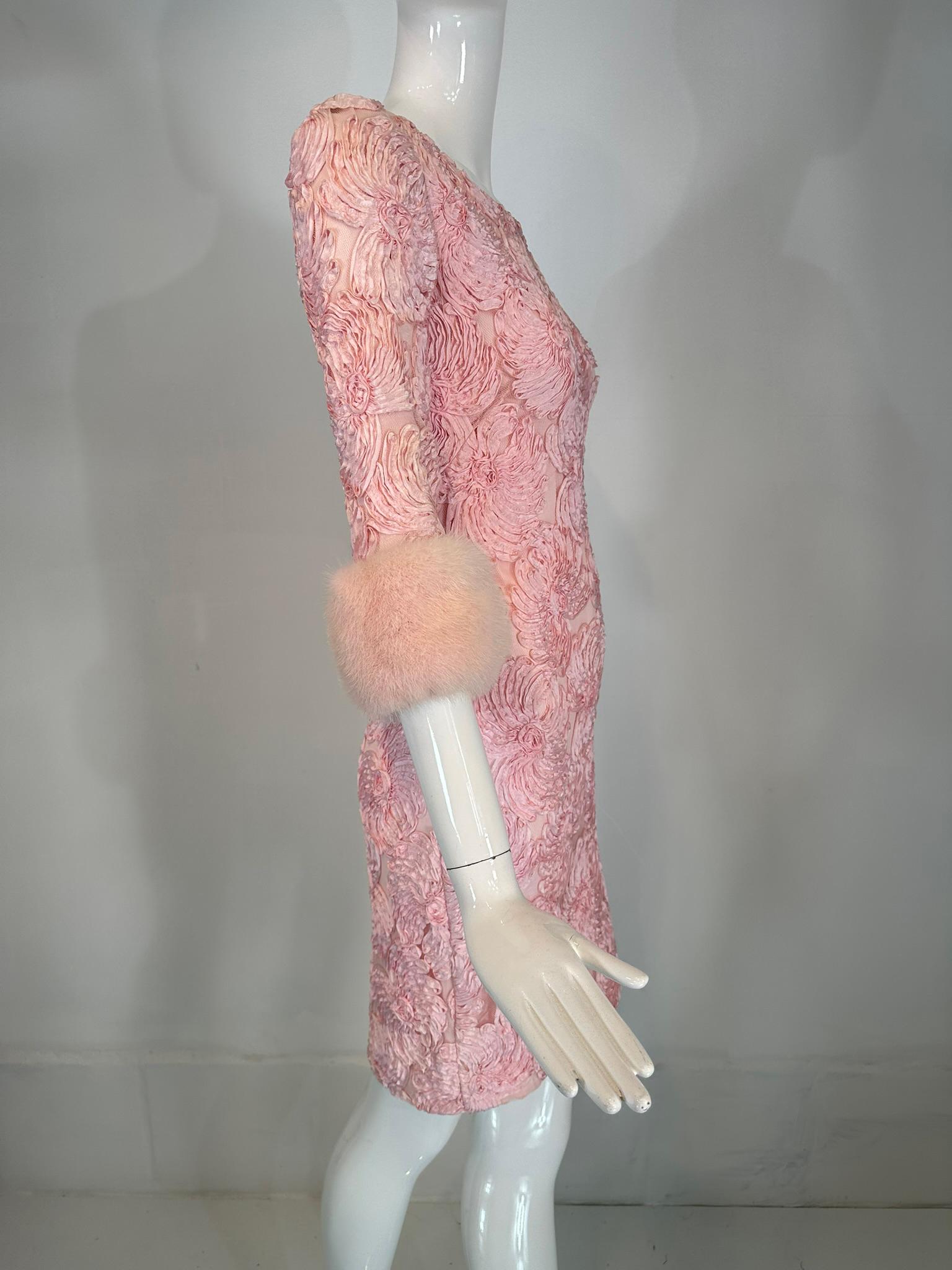 1960s Pink Ribbon Floral Applique on Net Cocktail Dress with Pink Mink Cuffs For Sale 6