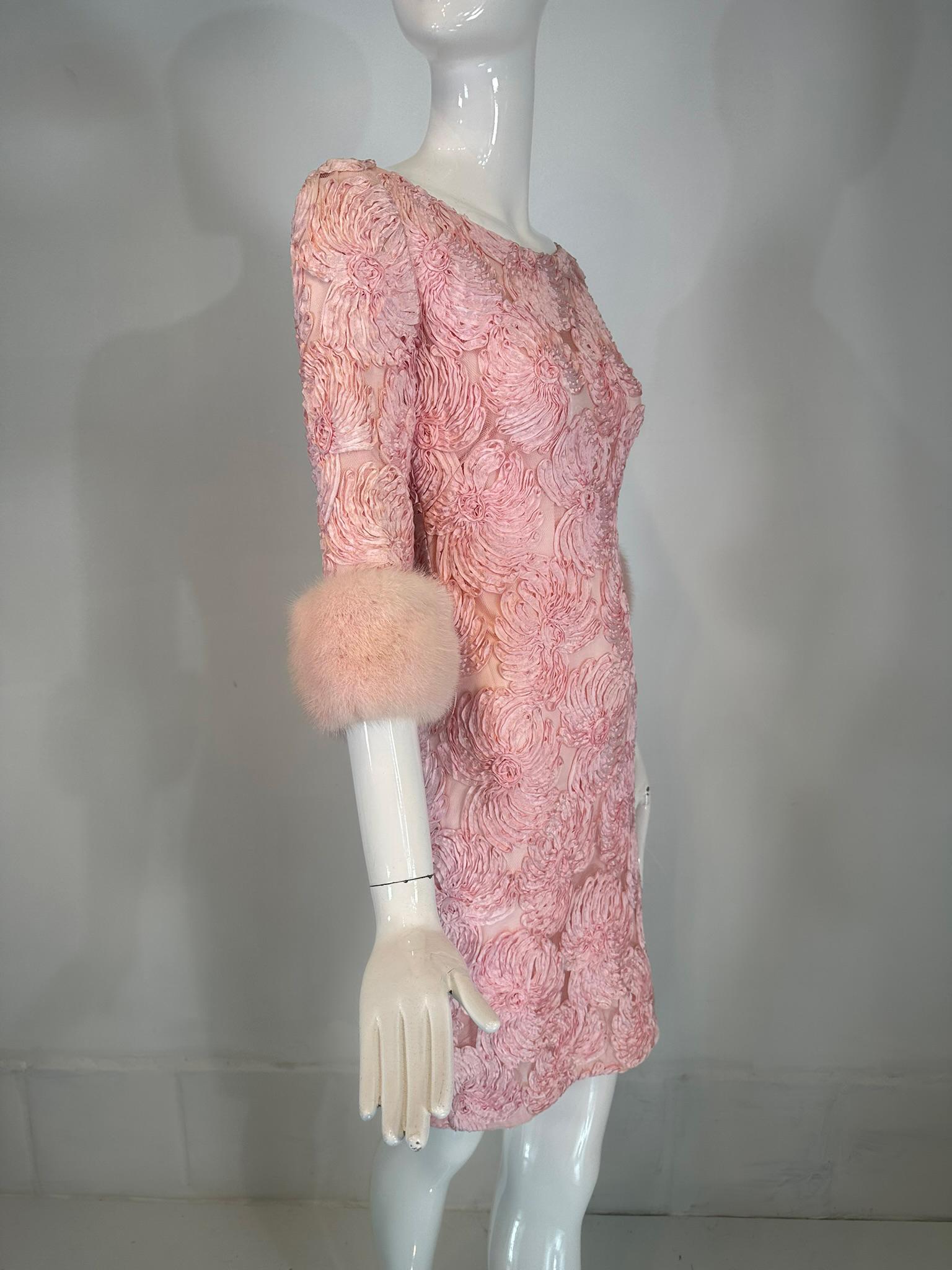 1960s Pink Ribbon Floral Applique on Net Cocktail Dress with Pink Mink Cuffs For Sale 7