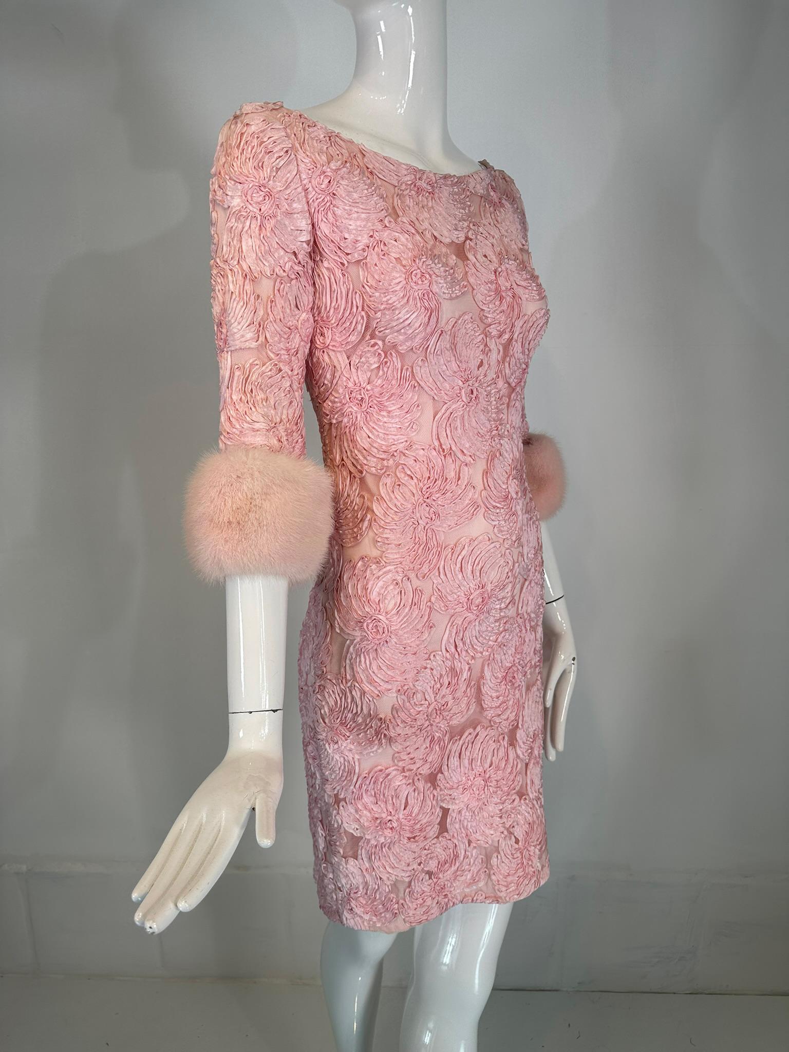 1960s Pink Ribbon Floral Applique on Net Cocktail Dress with Pink Mink Cuffs For Sale 8